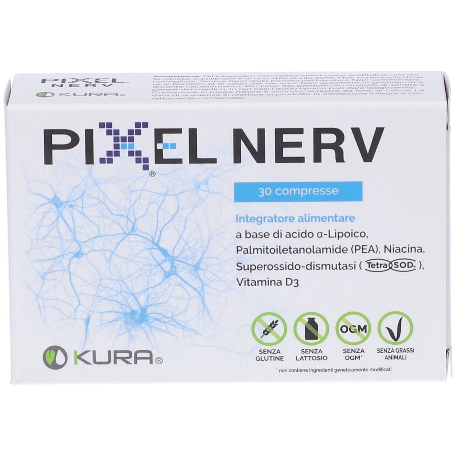 Scatola Pixel Nerv 30 Compresse. Scritta: Pixel Nerv, 30 compresse, ingredienti, logo KURA, senza glutine, senza lattosio, senza OGM, senza grassi animali.