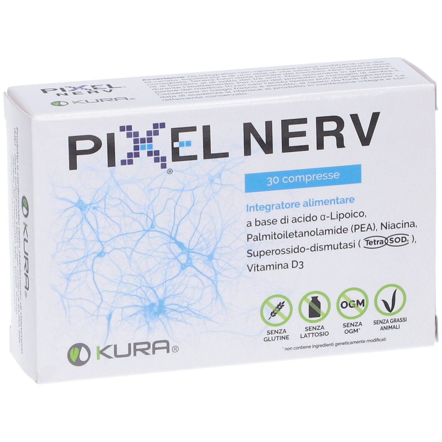 Scatola Pixel Nerv 30 Compresse. Scritta: Pixel Nerv, 30 compresse, ingredienti, logo KURA, senza glutine, senza lattosio, senza OGM, senza grassi animali.