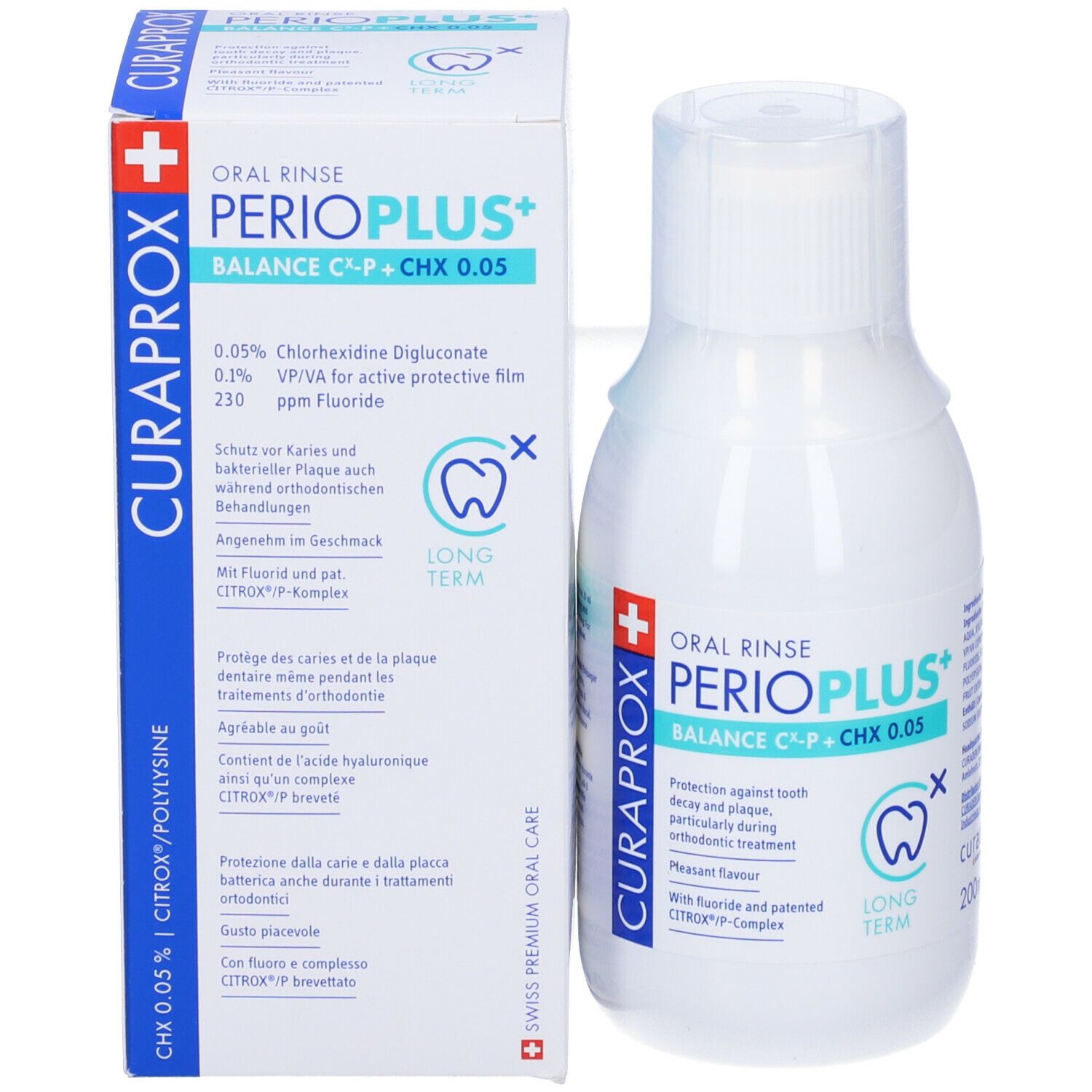 Flacone e confezione. Scritta: Curaprox Perioplus+ Balance CX-P+CHX 0.05 Collutorio. Logo: dente. Testo.