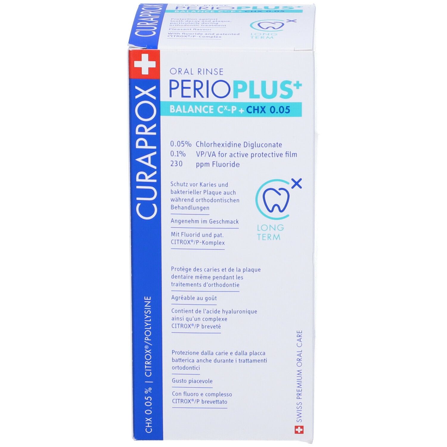 Confezione. Scritta: Curaprox Perioplus+ Balance CX-P+CHX 0.05 Collutorio. Logo: dente. Testo.