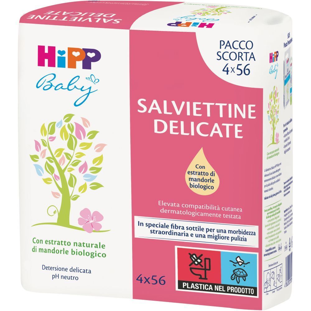 Confezione di salviettine Hipp Baby. Confezione rosa e bianca con logo e nome del prodotto. Contiene 4x56 salviettine.