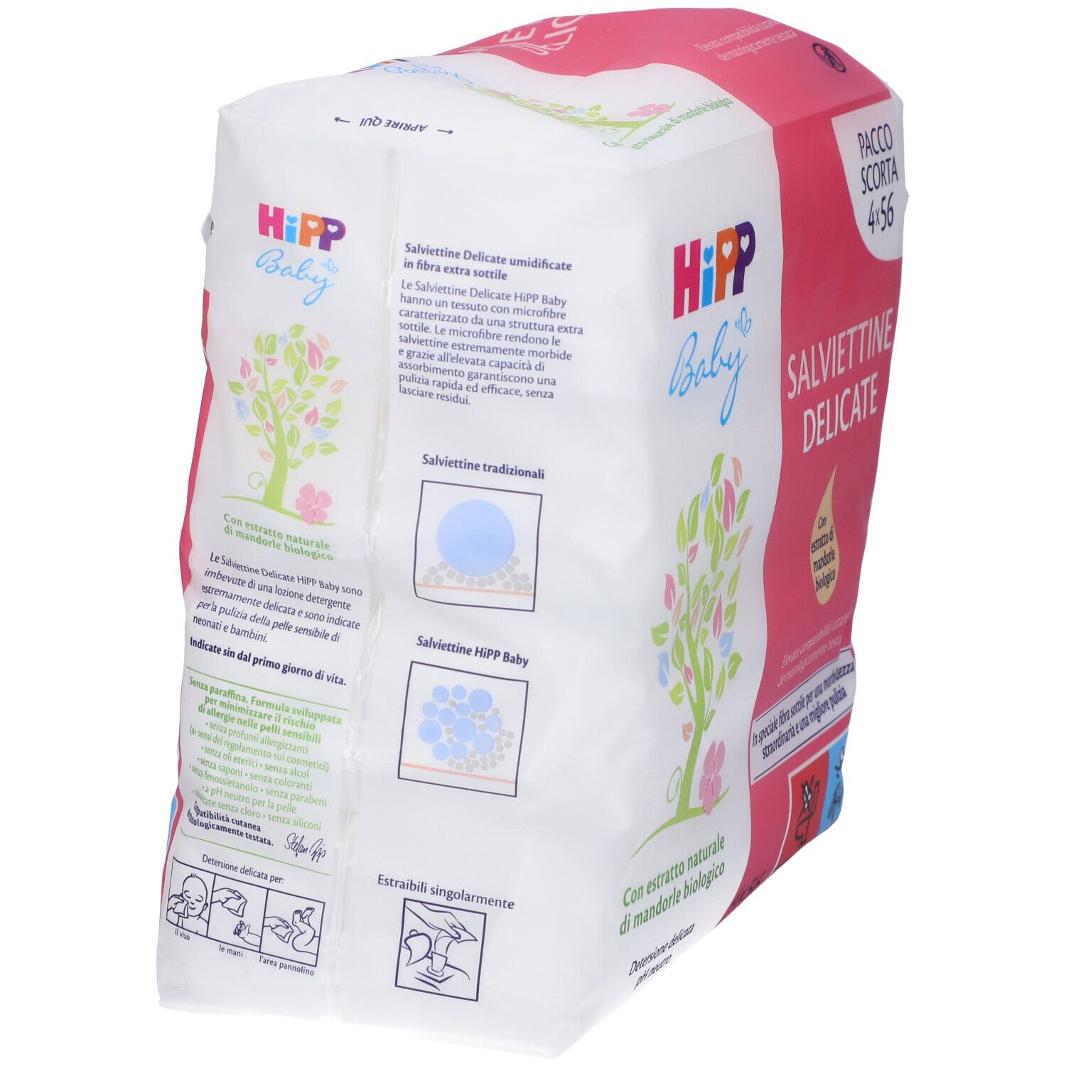 Confezione di salviettine Hipp Baby. Confezione rosa e bianca, nome e logo del prodotto. Contiene 4x56 salviettine.