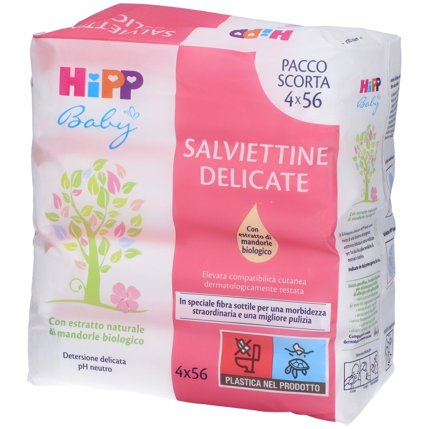 Confezione di salviettine Hipp Baby. Confezione rosa e bianca, nome e logo del prodotto. Contiene 4x56 salviettine.