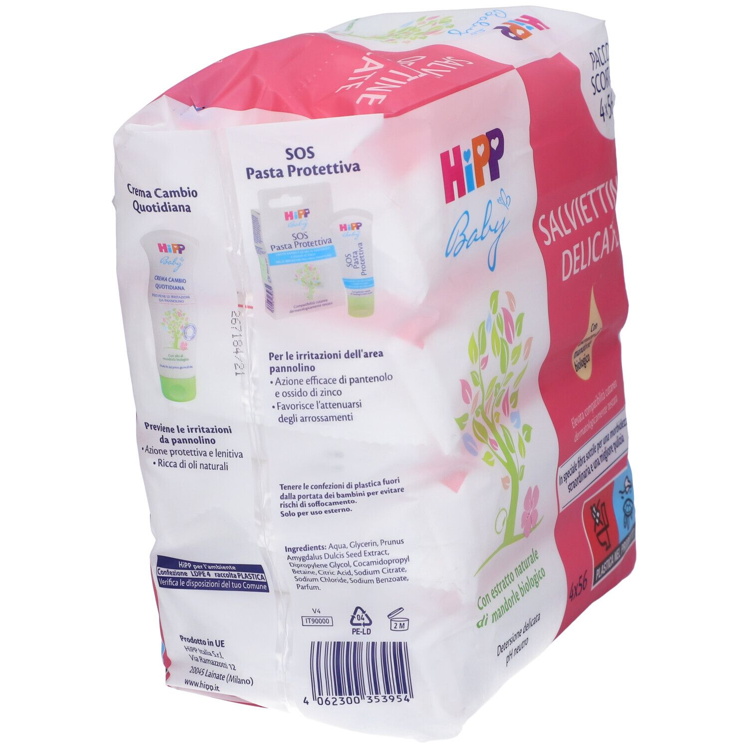 Confezione di salviettine Hipp Baby. Confezione rosa e bianca, nome e logo del prodotto. Contiene 4x56 salviettine.