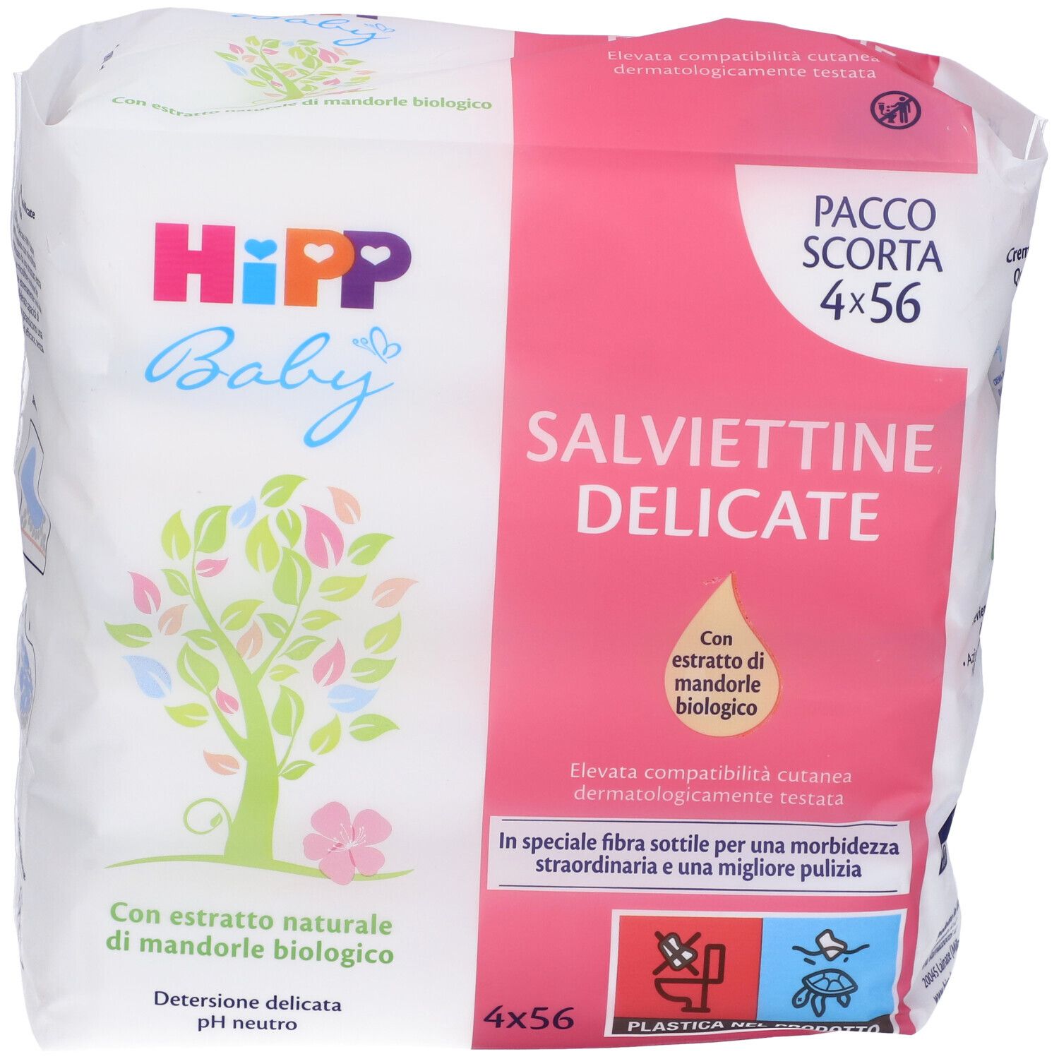 Confezione di salviettine Hipp Baby. Confezione rosa e bianca, nome e logo del prodotto. Contiene 4x56 salviettine.