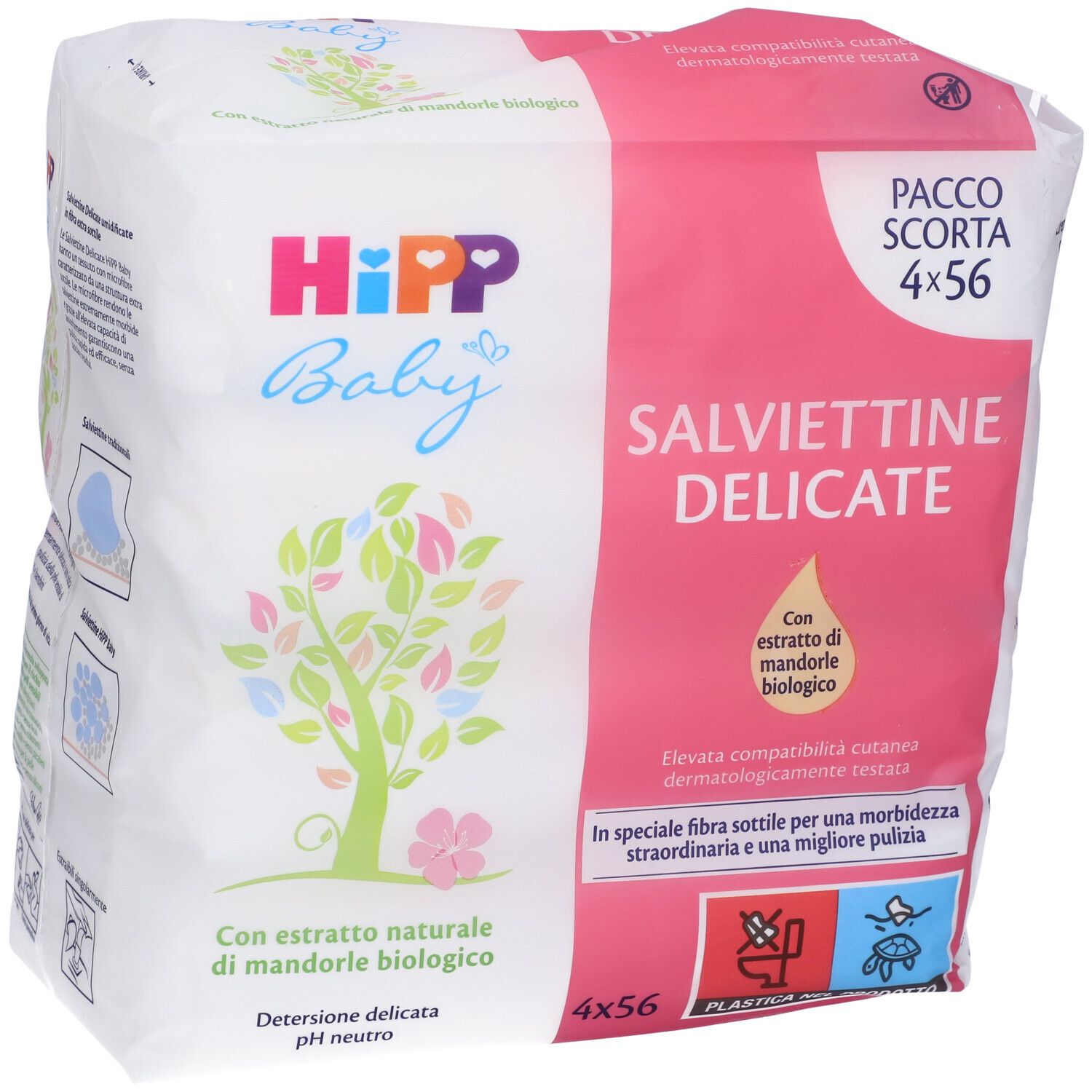 Confezione di salviettine Hipp Baby. Confezione rosa e bianca, nome e logo del prodotto. Contiene 4x56 salviettine.