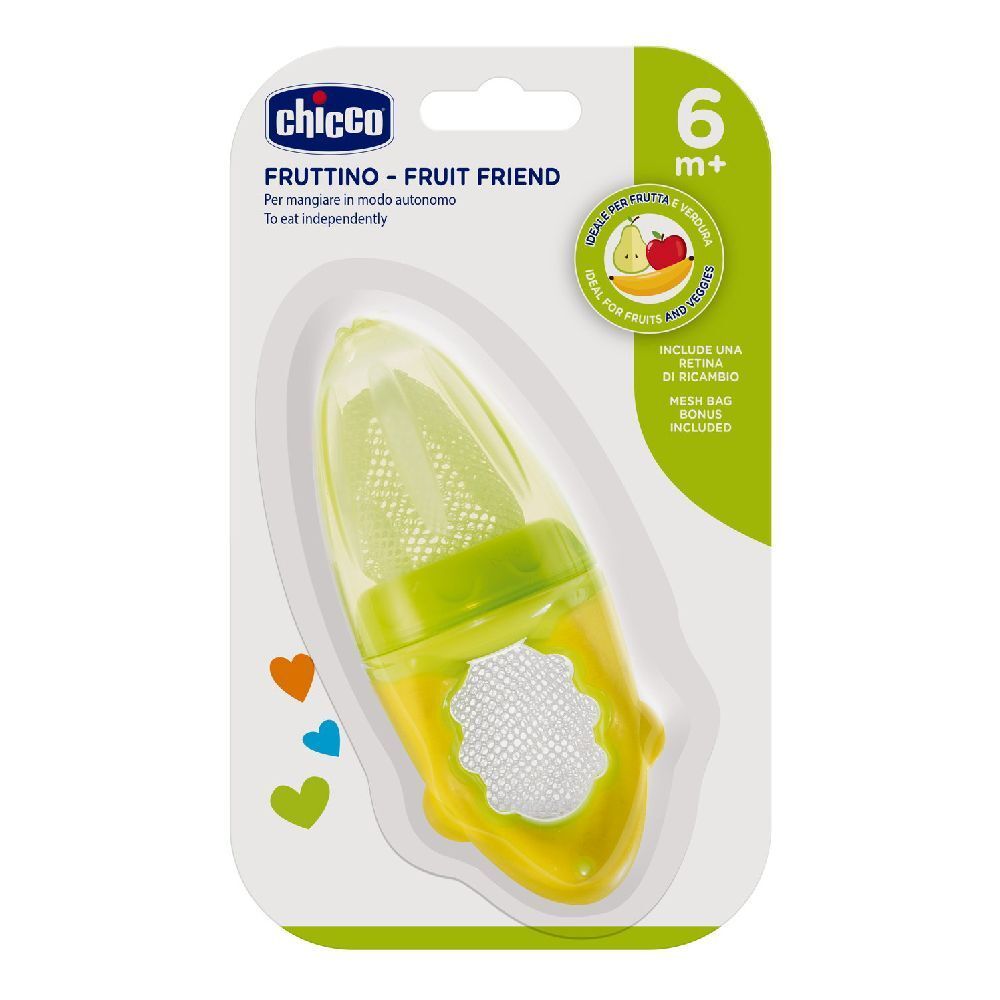 Succhietto frutta giallo e verde con retina. Confezione con nome e marchio del prodotto. Età consigliata: 6m+.