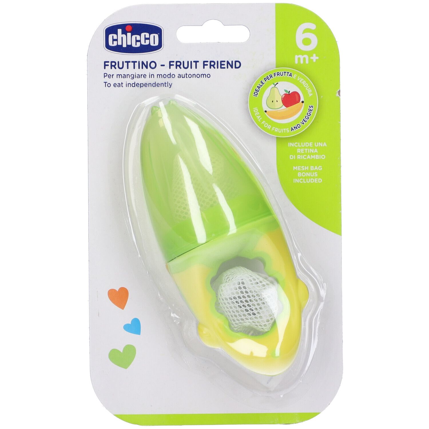 Succhietto frutta giallo e verde con retina. Confezione con nome e marchio del prodotto. Età consigliata: 6m+.
