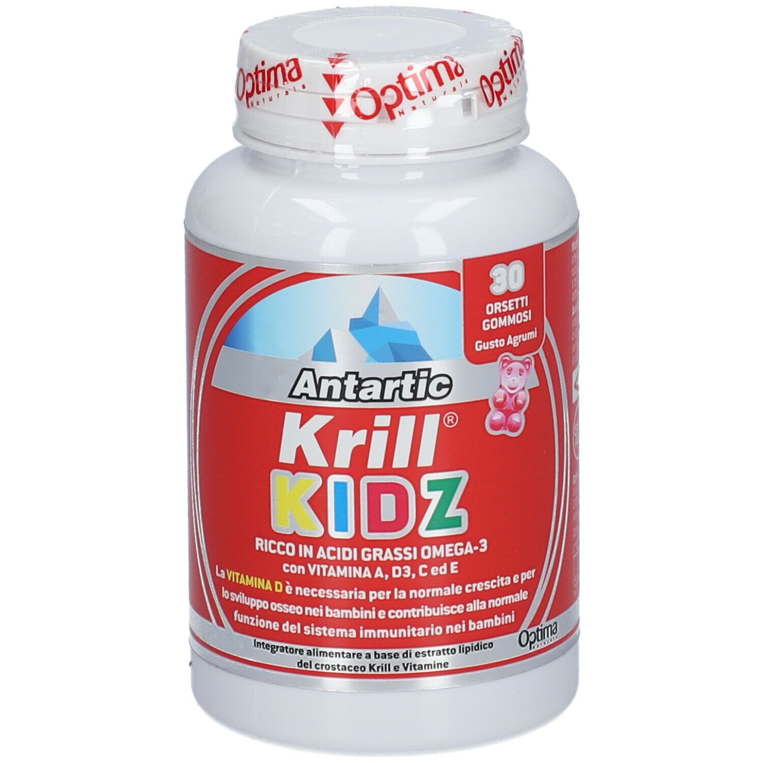Weiße Flasche mit rotem Etikett. Aufschrift: Antartic Krill KIDZ. 30 Gummibärchen. Optima-Logo.