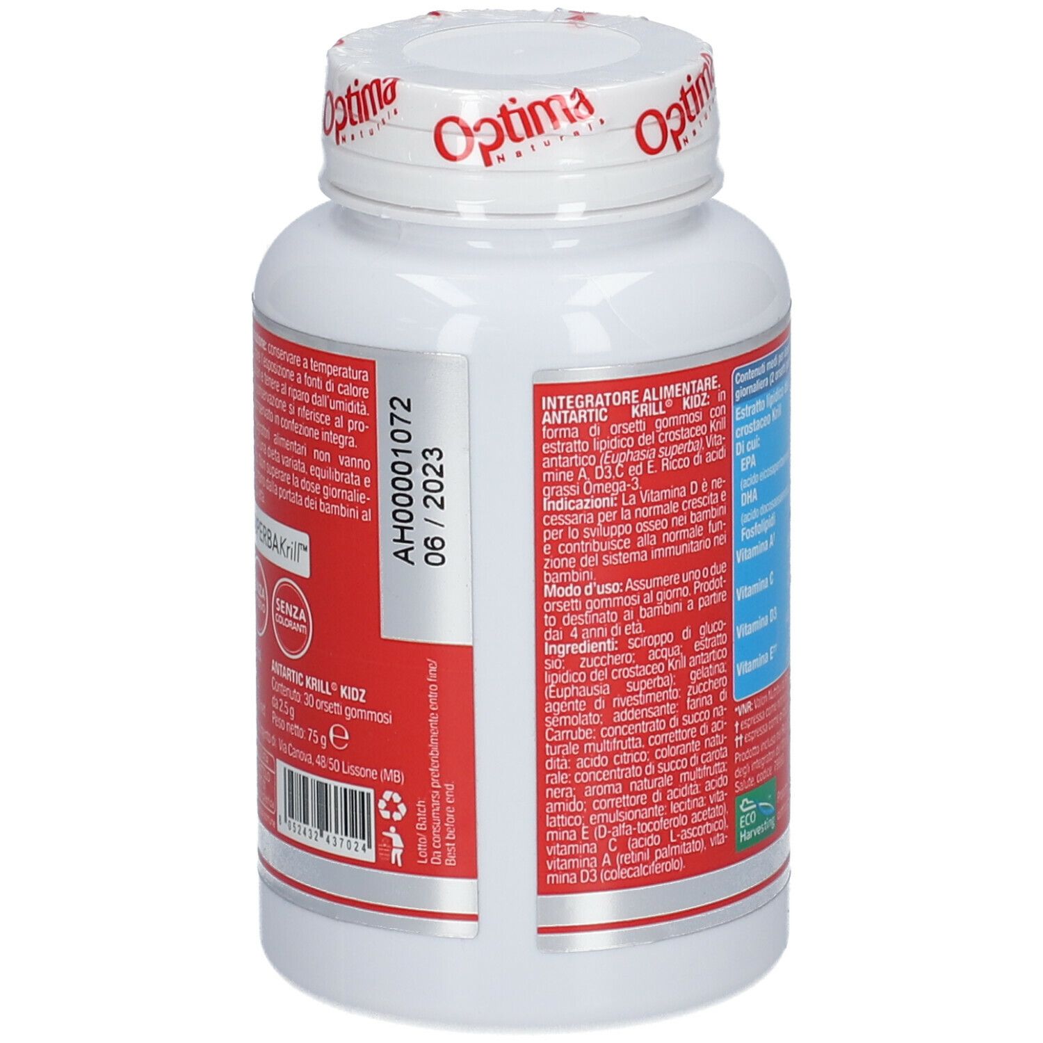 Rückseite der weißen Flasche. Rotes Etikett mit Text. Optima-Logo. Mindesthaltbarkeitsdatum: 06/2023.