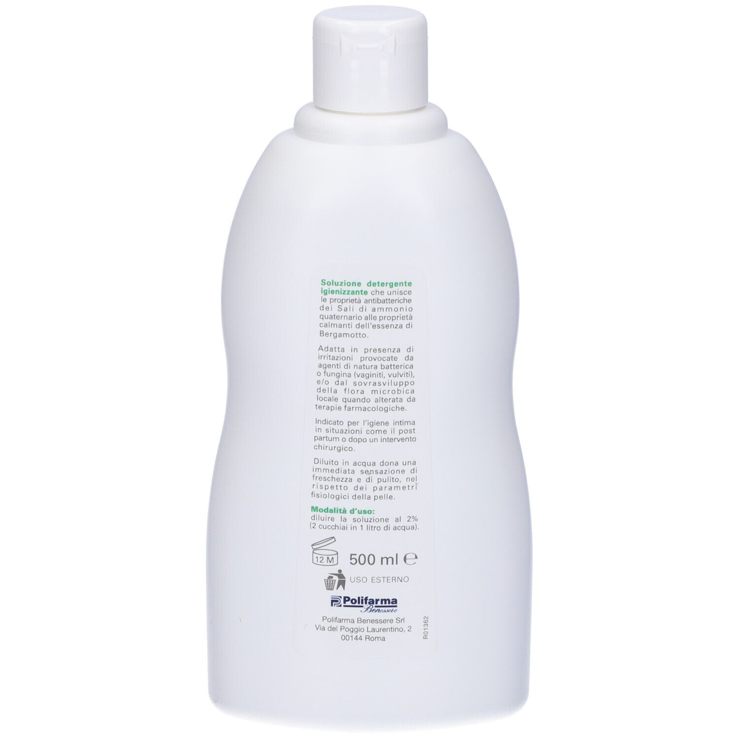 Rückseite einer weißen Flasche. Text in Grün. Lösung für Intimhygiene. 500 ml. Herstellerinformationen.
