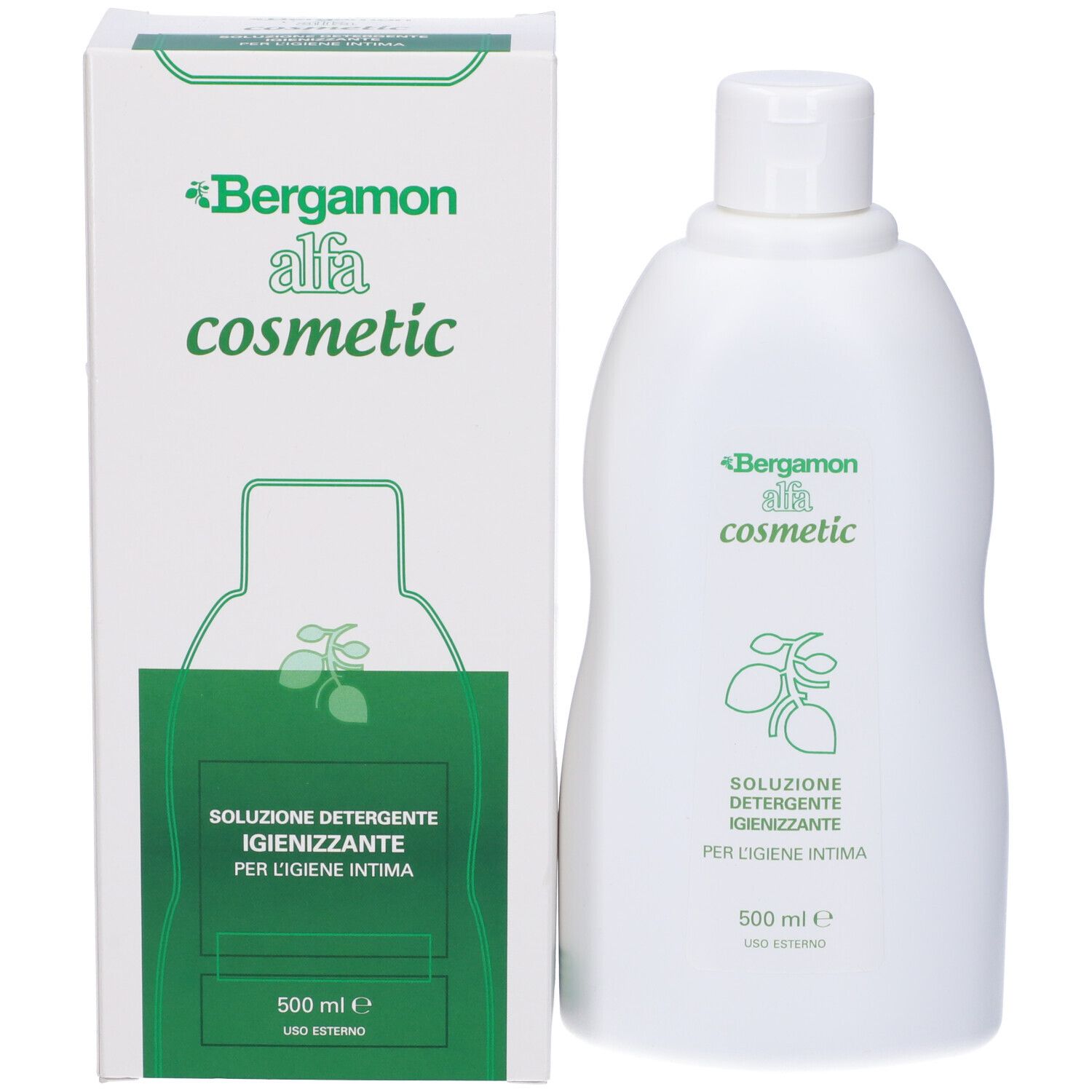 Produktverpackung und Flasche. Verpackung: Weiß mit grünem Design. Flasche: Weiß mit grünem Etikett. Text: Bergamon alfa cosmetic.