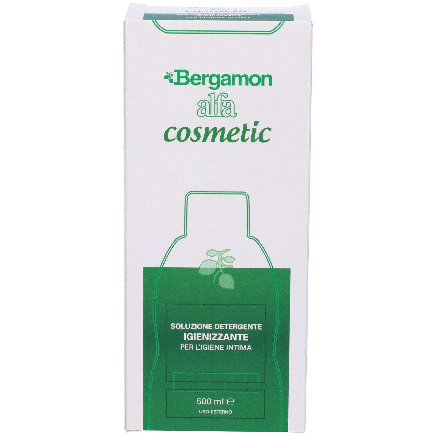 Weiße Produktverpackung mit grünem Design. Aufschrift: Bergamon alfa cosmetic. Lösung für Intimhygiene. 500 ml.
