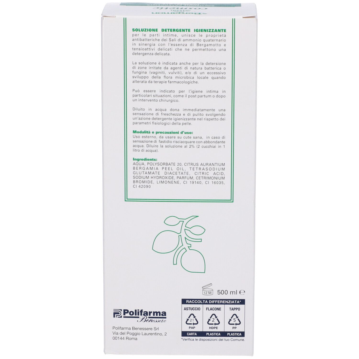Rückseite der Produktverpackung. Text in Grün. Lösung für Intimhygiene. 500 ml. Inhaltsstoffe und Herstellerinformationen.