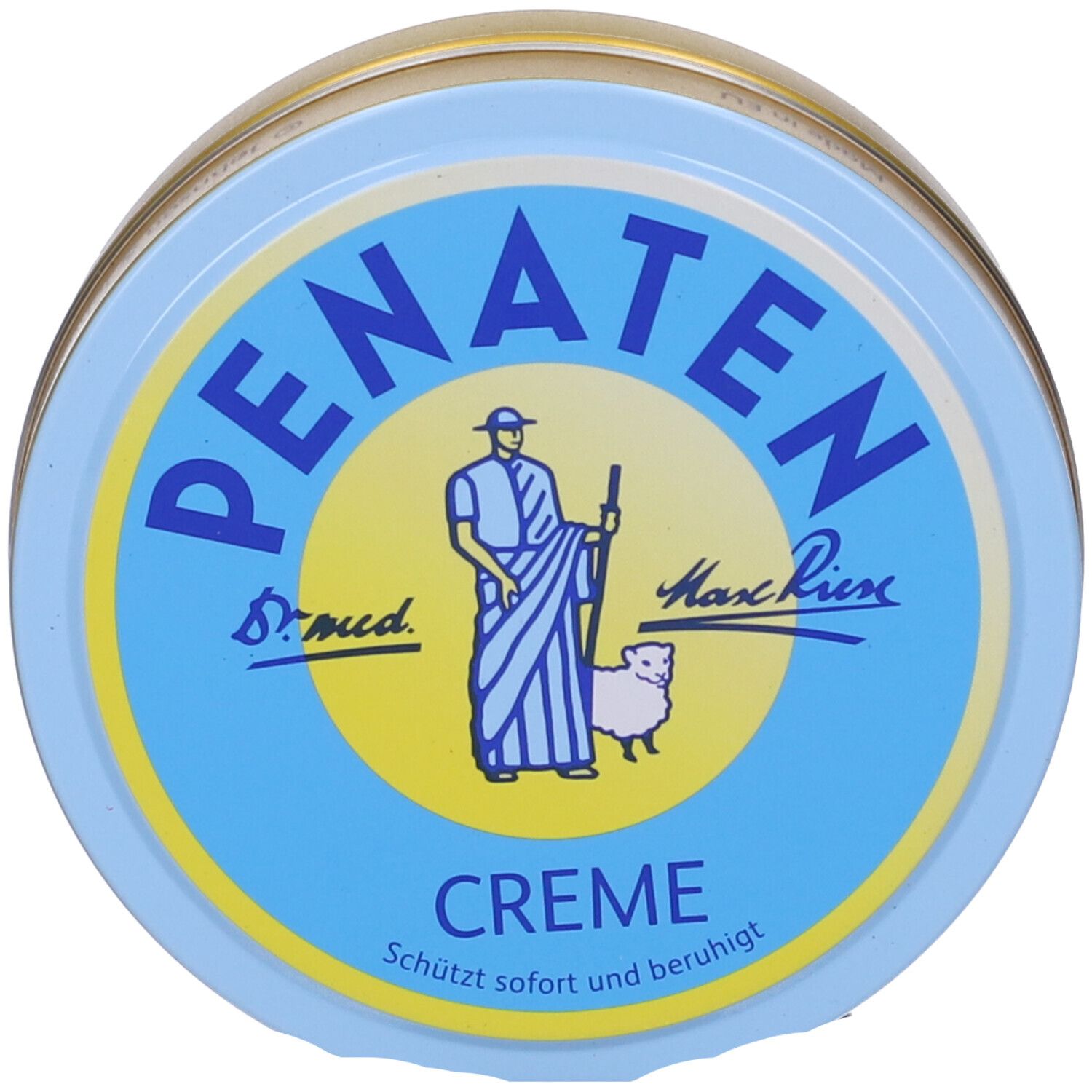 Barattolo rotondo con coperchio blu. Logo PENATEN, figura di persona con pecora. Testo: Crema, Protegge e lenisce immediatamente.