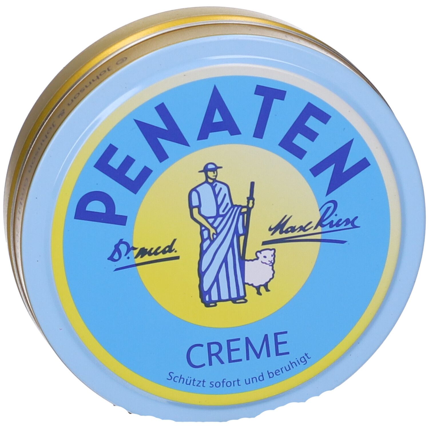 Barattolo rotondo con coperchio blu. Logo PENATEN, figura di persona con pecora. Testo: Crema, Protegge e lenisce immediatamente.