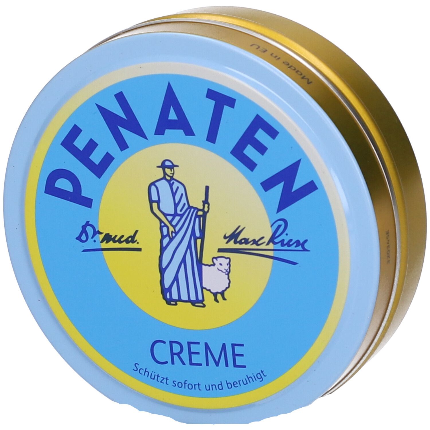 Barattolo rotondo con coperchio blu. Logo PENATEN, figura di persona con pecora. Testo: Crema, Protegge e lenisce immediatamente.