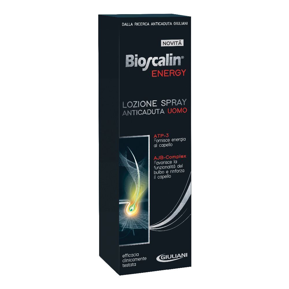 Boîte noire Bioscalin® Energy spray. Texte : « Anticaduta Uomo ». Logo Giuliani. « Novità ».