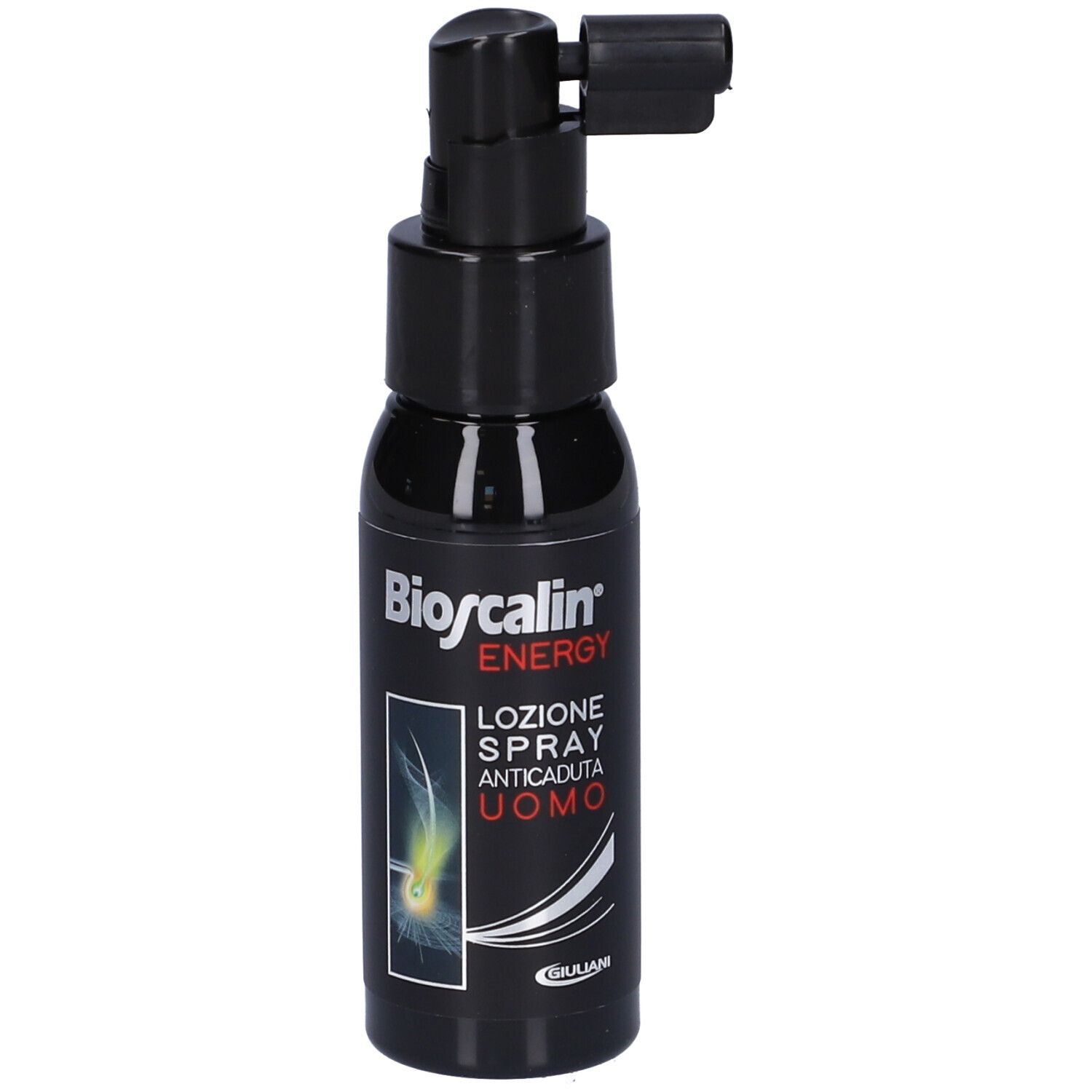 Flacon noir Bioscalin® Energy spray. Tête de pulvérisation. Texte : « Lozione Spray Anticaduta Uomo ». Logo Giuliani.