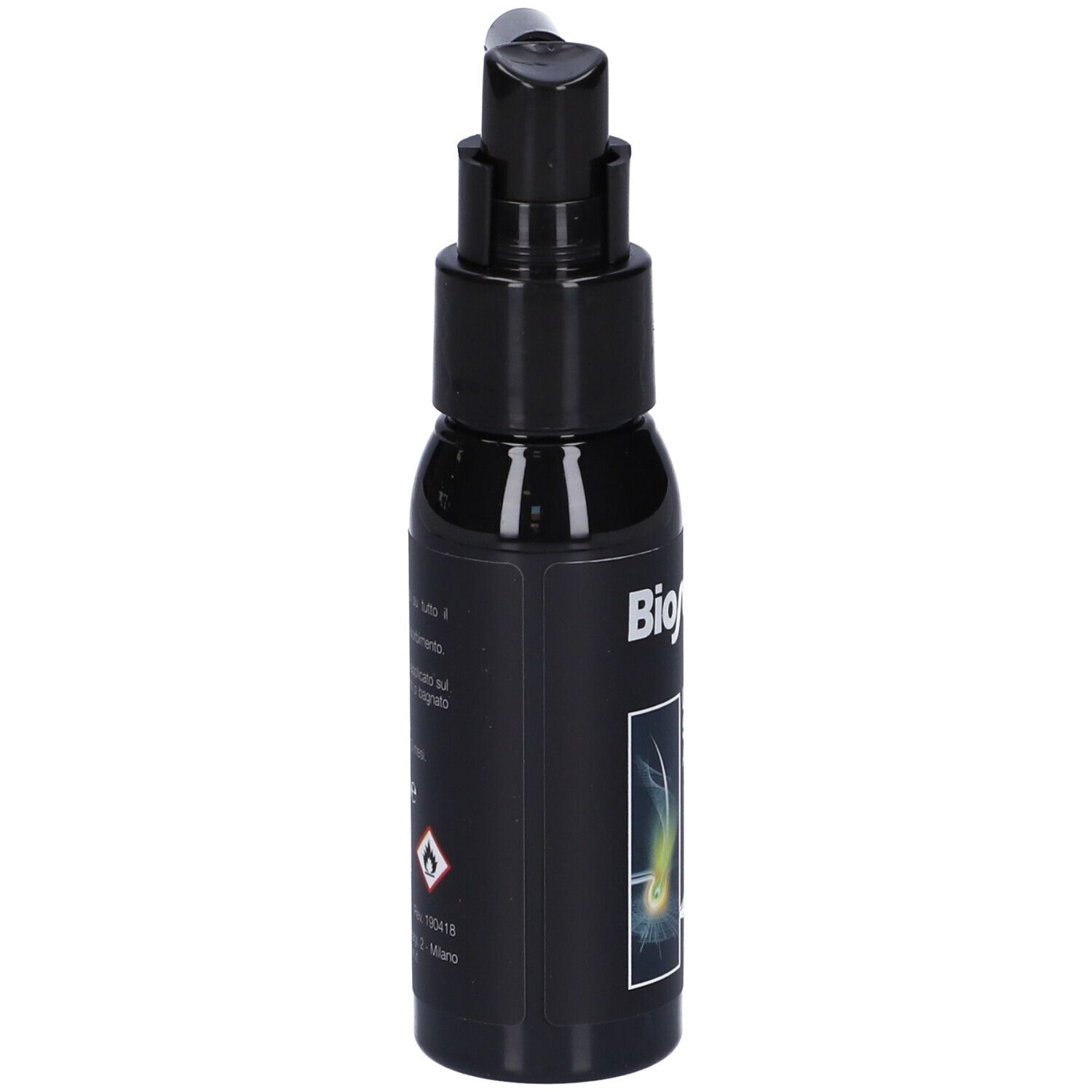 Flacon noir Bioscalin® Energy spray. Tête de pulvérisation. Texte : « Lozione Spray Anticaduta Uomo ». Logo Giuliani.