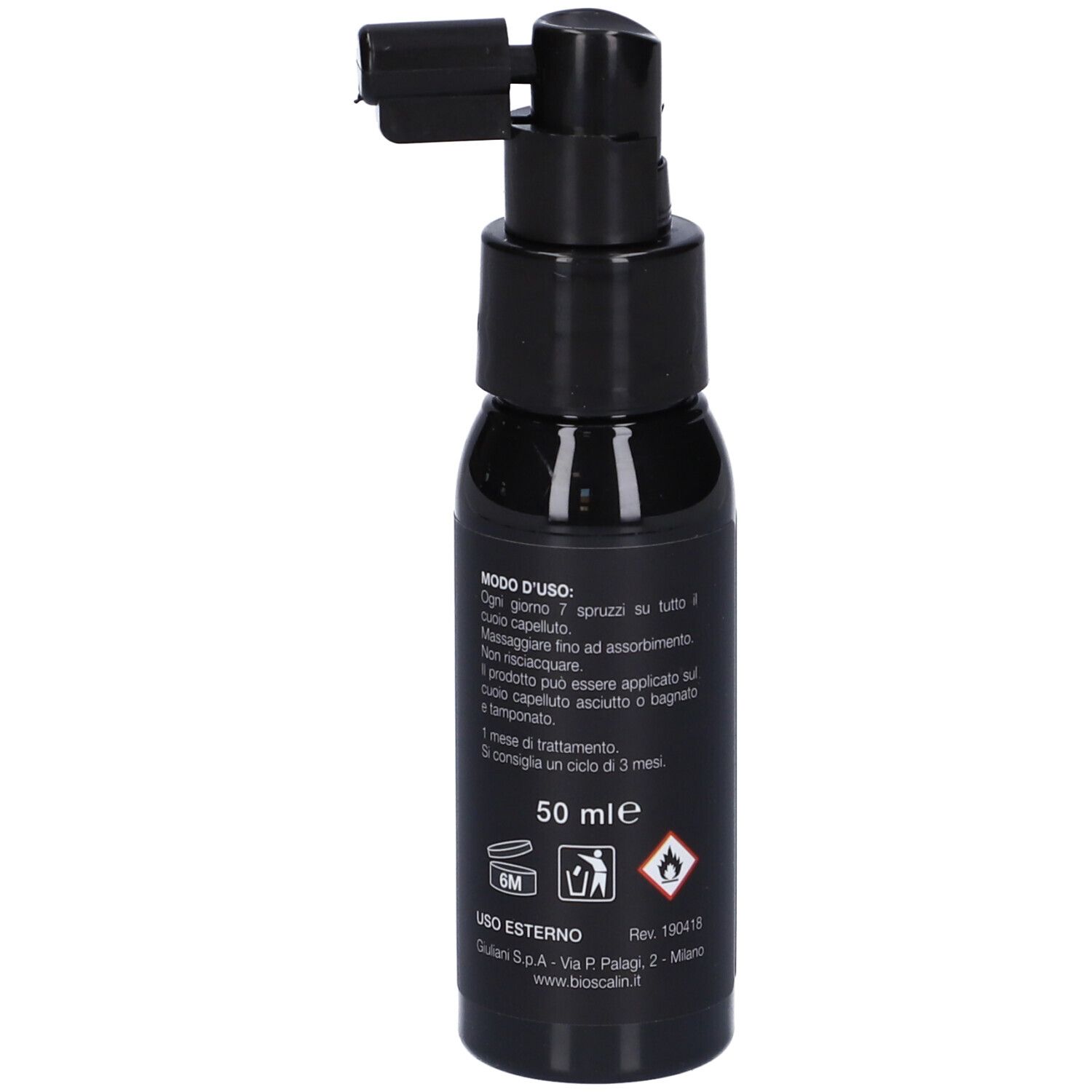 Flacon noir Bioscalin® Energy spray. Tête de pulvérisation. Texte : « Lozione Spray Anticaduta Uomo ». Logo Giuliani.