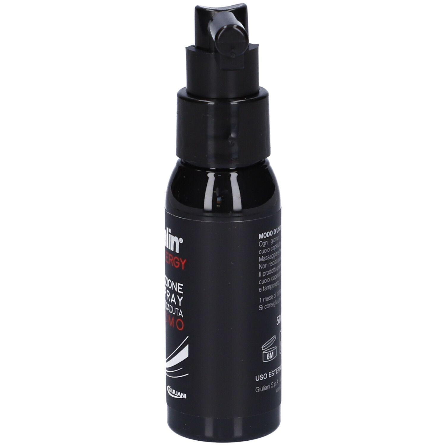 Flacon noir Bioscalin® Energy spray. Tête de pulvérisation. Texte : « Lozione Spray Anticaduta Uomo ». Logo Giuliani.