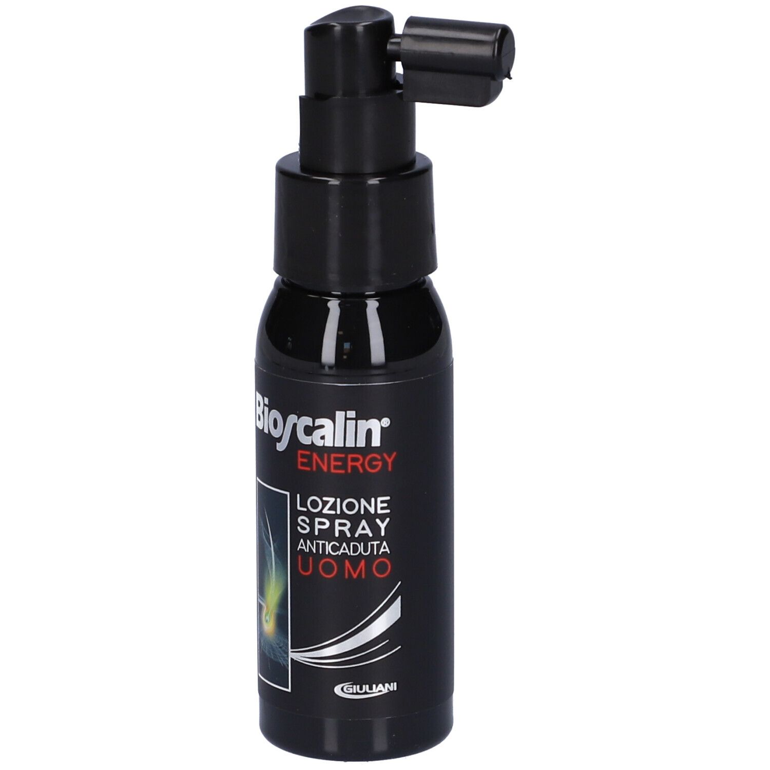 Flacon noir Bioscalin® Energy spray. Tête de pulvérisation. Texte : « Lozione Spray Anticaduta Uomo ». Logo Giuliani.