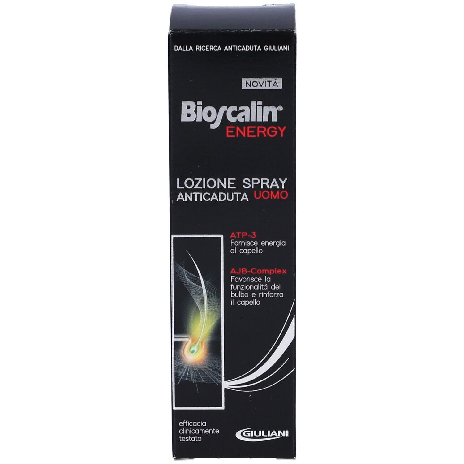 Boîte noire Bioscalin® Energy spray. Texte : « Anticaduta Uomo ». Logo Giuliani. « Novità ».