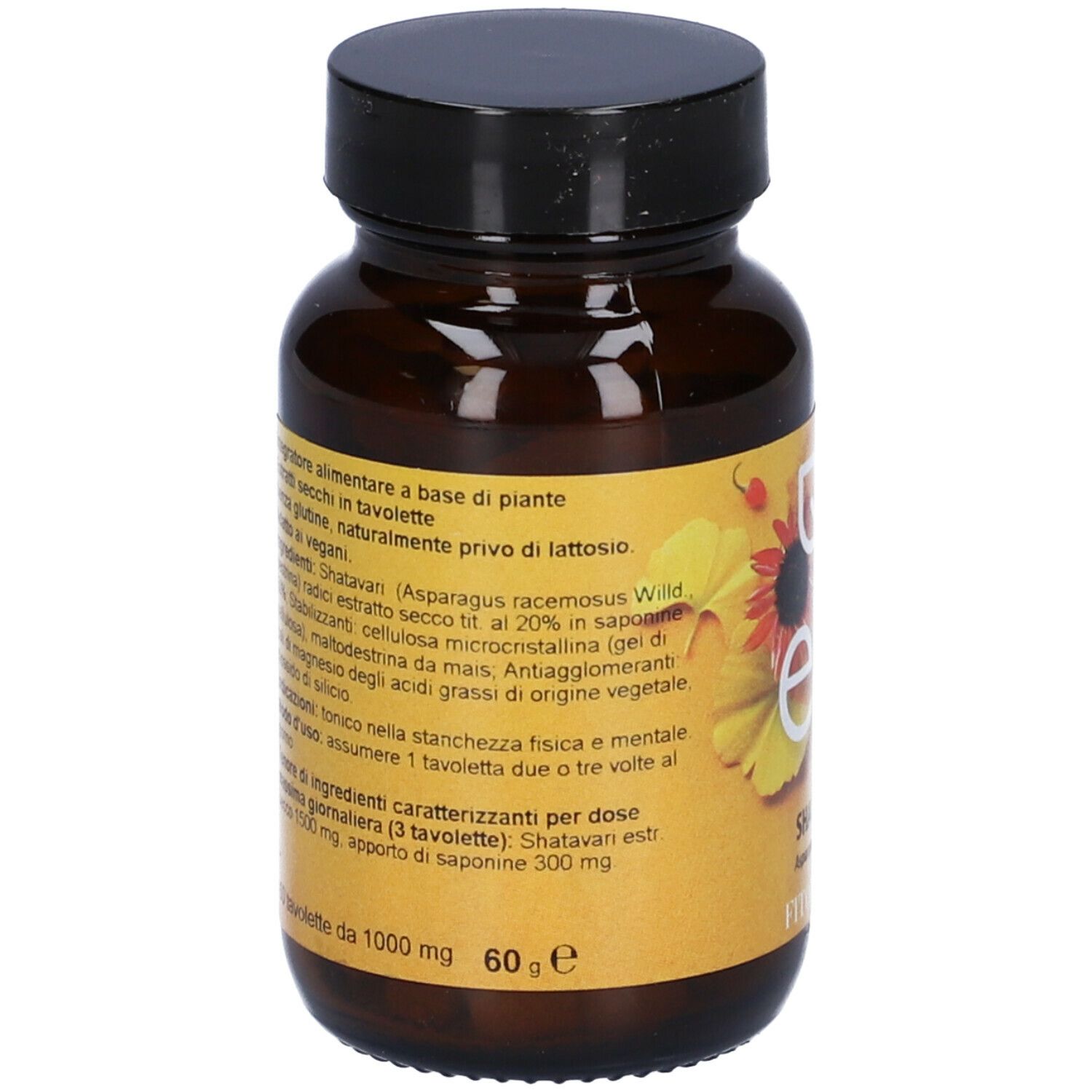 Flacone marrone con tappo nero. Scritta: est, Shatavari, Asparagus racemosus, FitoMedical. Etichetta con informazioni sugli ingredienti.