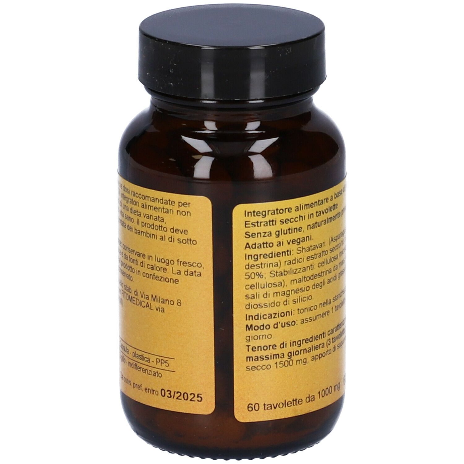 Flacone marrone con tappo nero. Scritta: est, Shatavari, Asparagus racemosus, FitoMedical. Etichetta con informazioni sugli ingredienti.