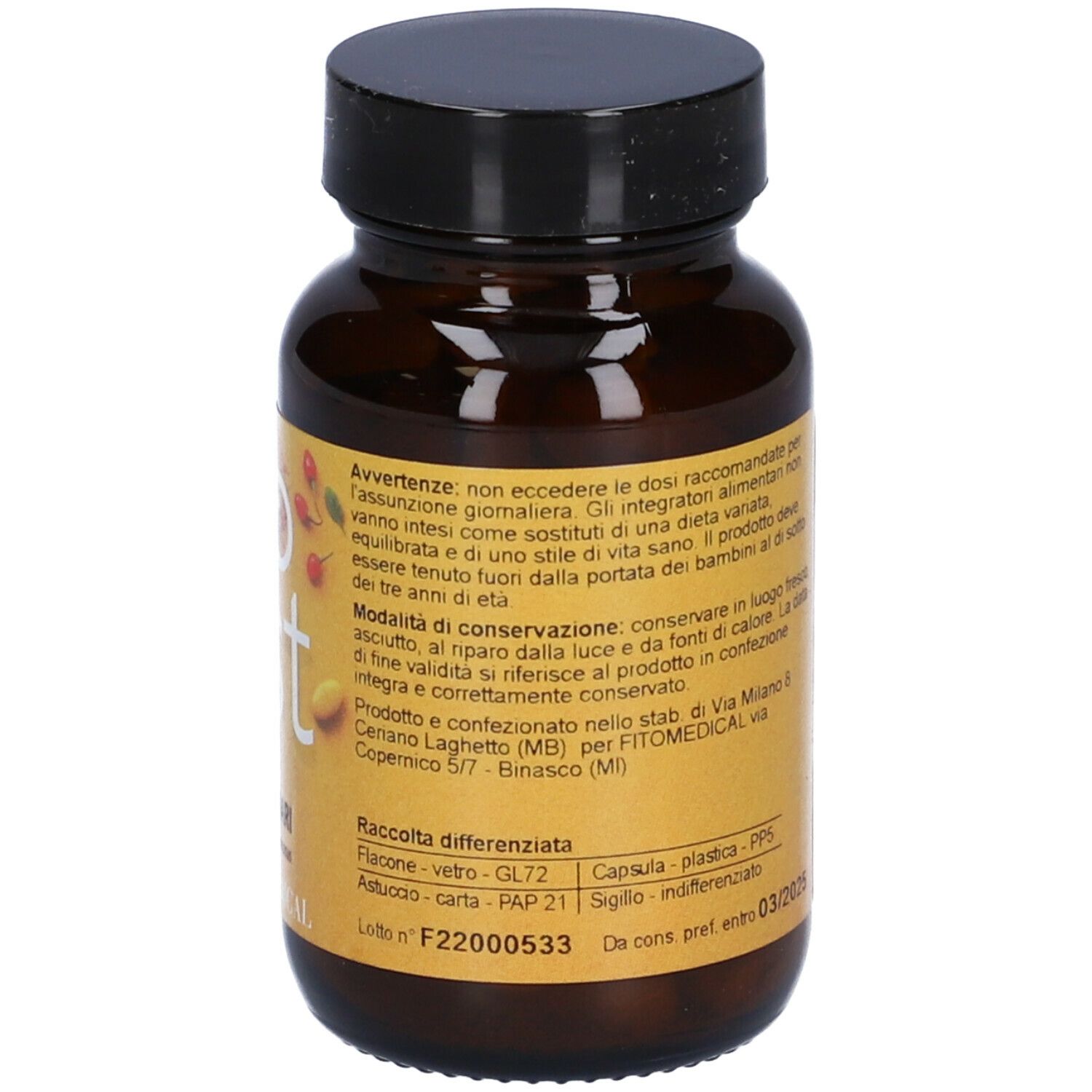Flacone marrone con tappo nero. Scritta: est, Shatavari, Asparagus racemosus, FitoMedical. Etichetta con informazioni sugli ingredienti.