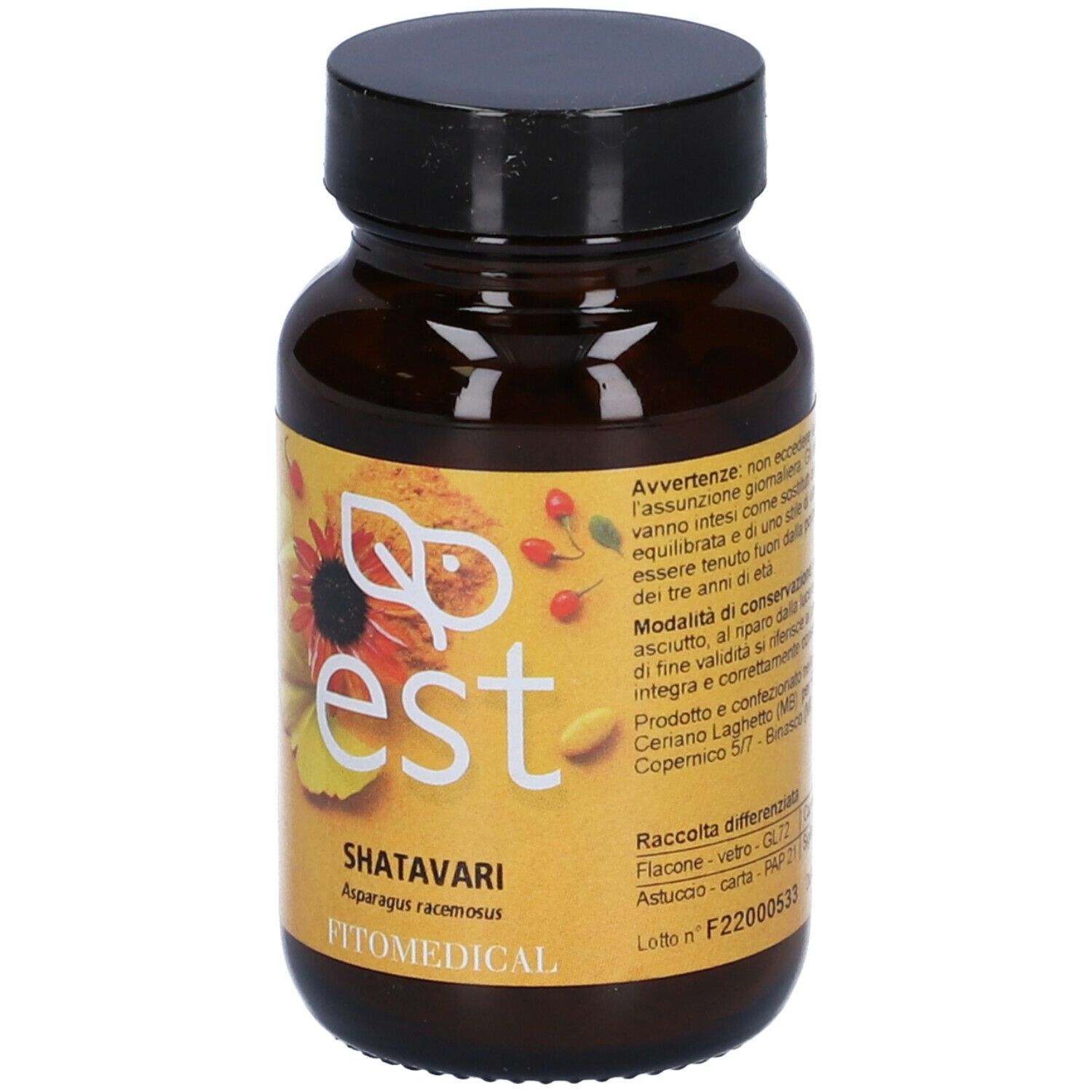 Flacone marrone con tappo nero. Scritta: est, Shatavari, Asparagus racemosus, FitoMedical. Etichetta con design floreale.