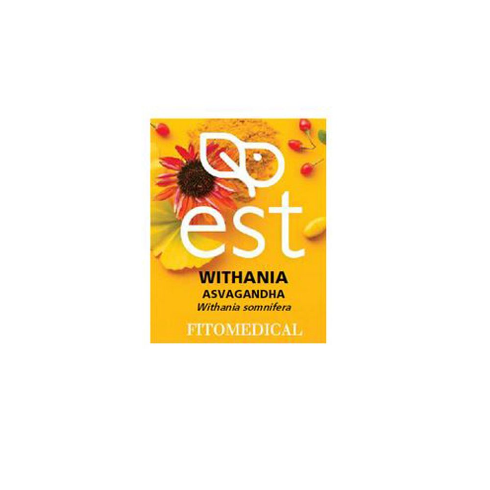 Confezione gialla con design floreale e testo: est, Withania, Asvagandha, Fitomedical.