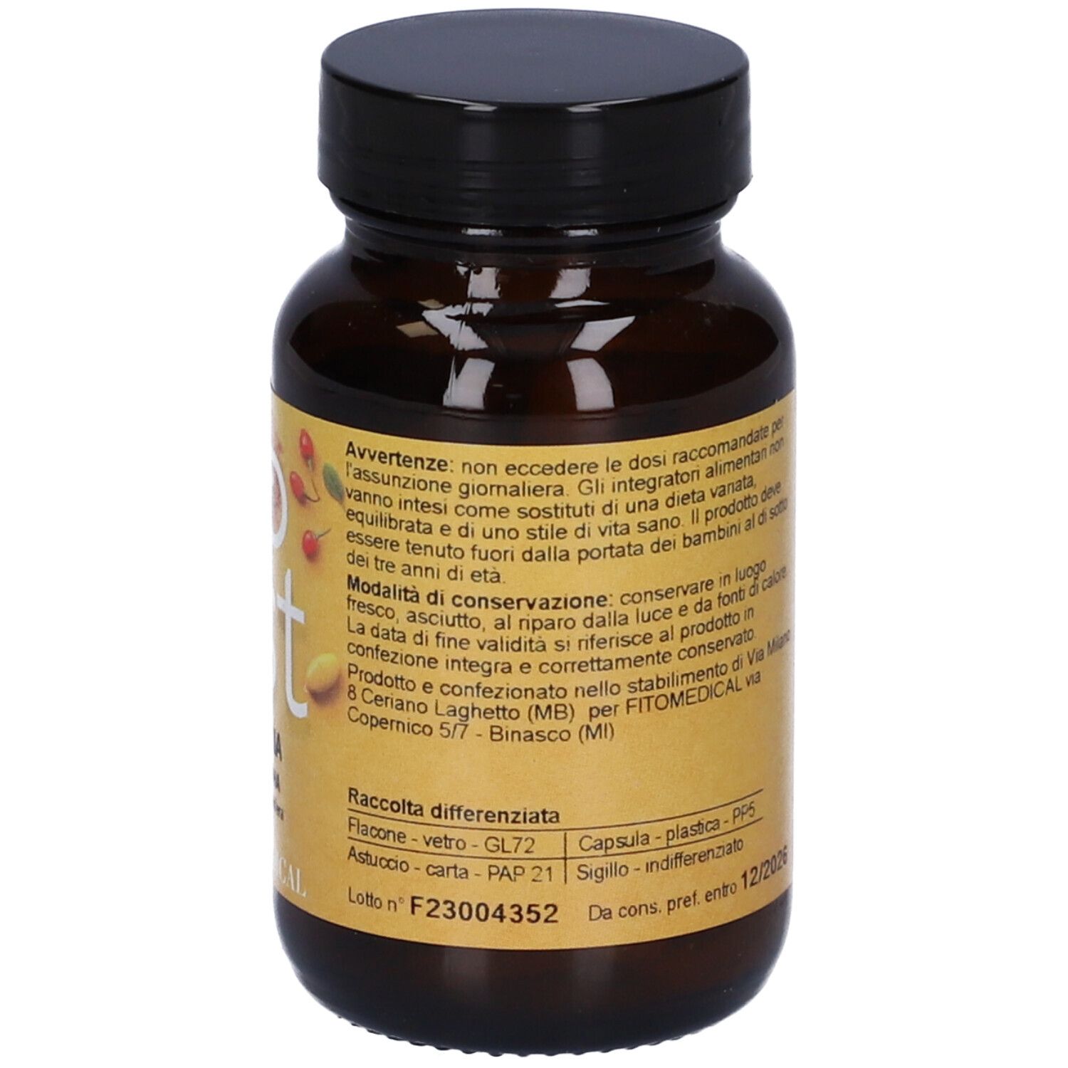 Flacone di vetro marrone con etichetta. Testo: Avvertenze, data di scadenza, 60 compresse, 1000 mg.