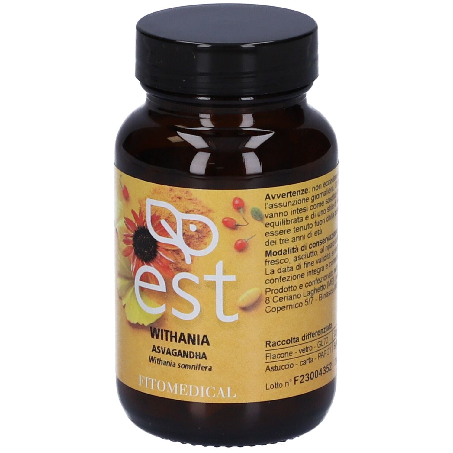 Flacone di vetro marrone con etichetta. Testo: est, Withania, Asvagandha, Fitomedical. Capsule visibili.