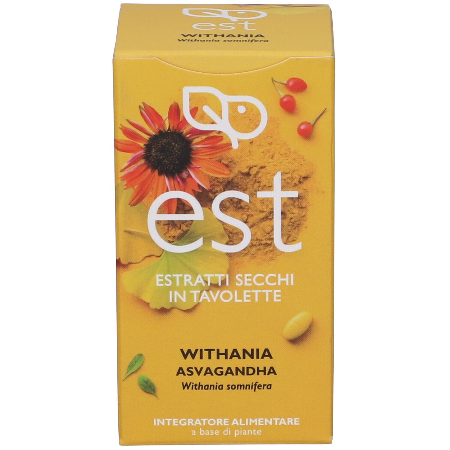 Confezione gialla con design floreale e testo: est, Withania, Asvagandha, Fitomedical.