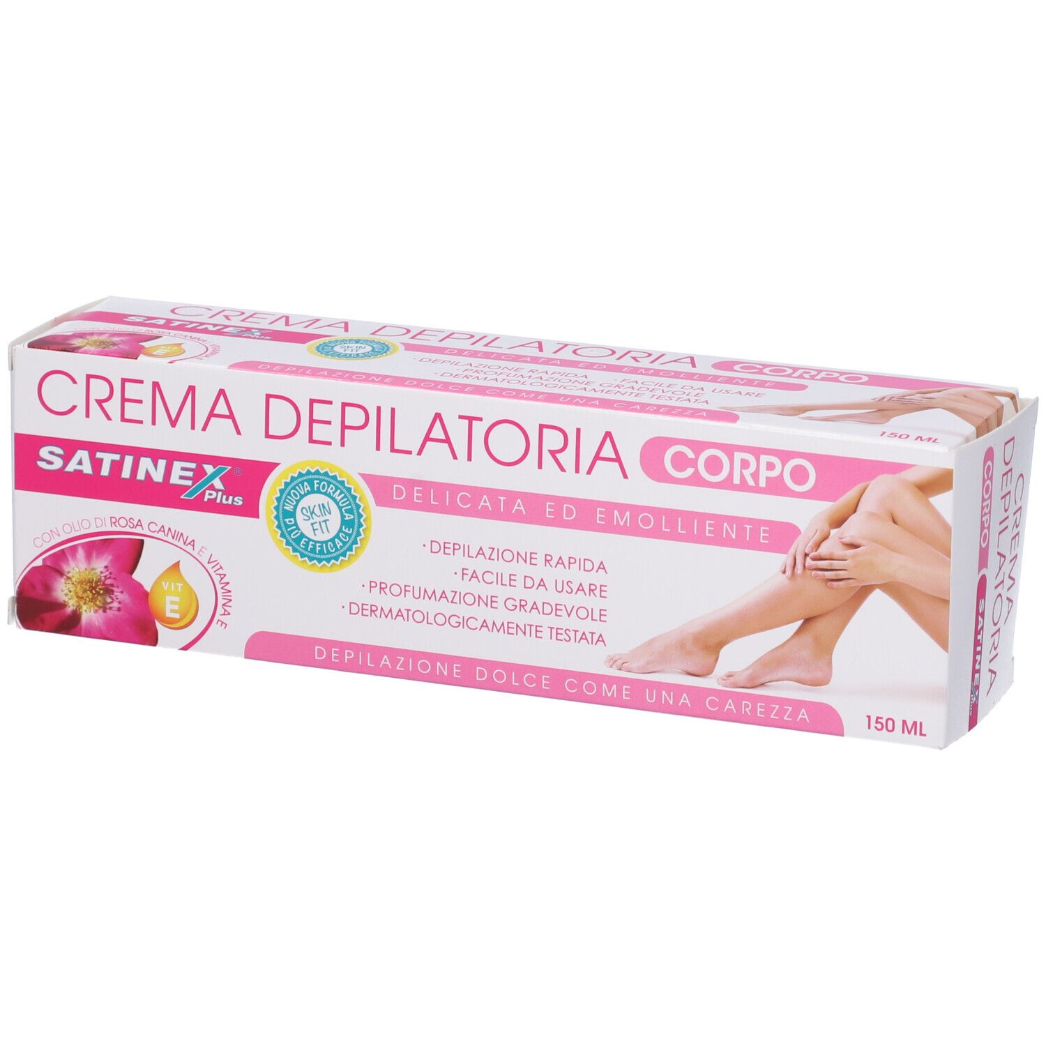 Confezione di Satinex Crema Depilatoria. Scatola rosa e bianca con nome e logo del prodotto. Illustrazione di donna con gambe lisce.