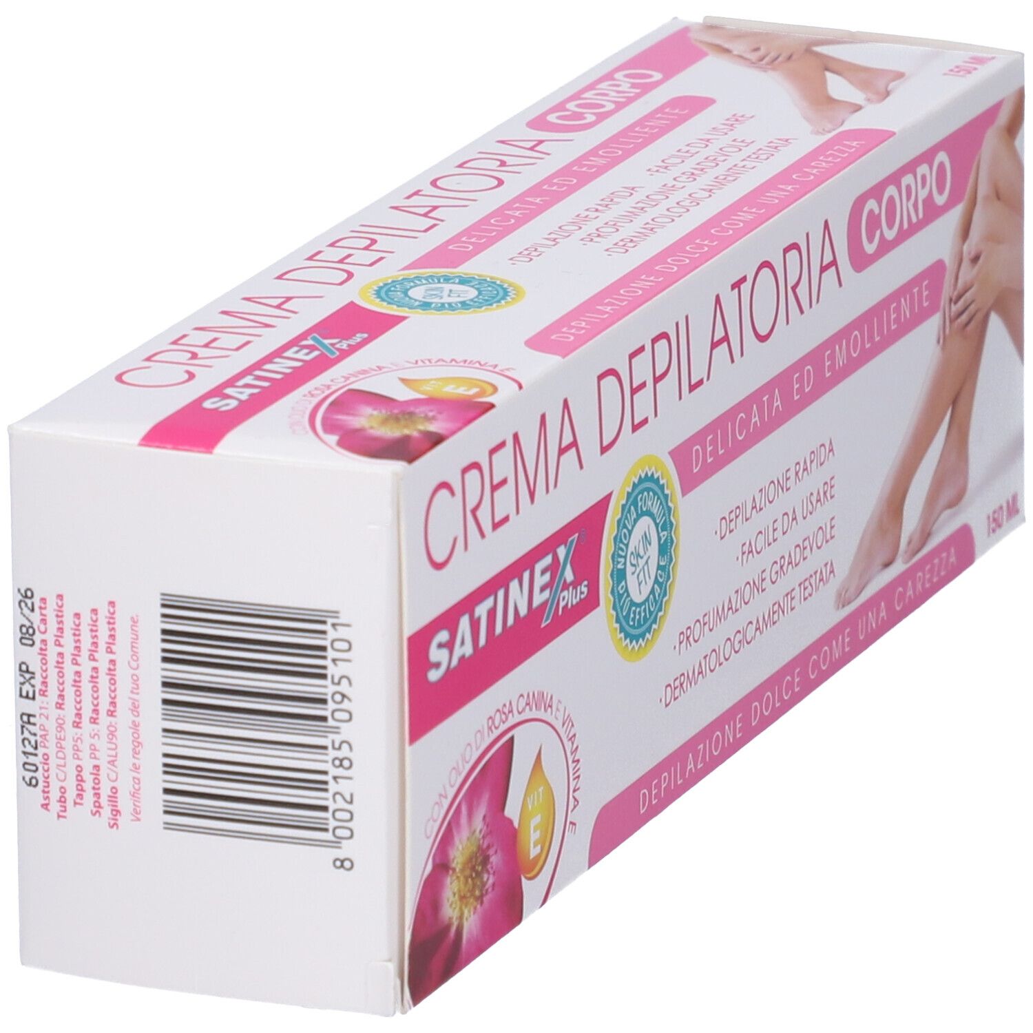 Scatola di Satinex Crema Depilatoria. Confezione rosa e bianca con nome e logo del prodotto. Codice a barre e data di scadenza visibili.
