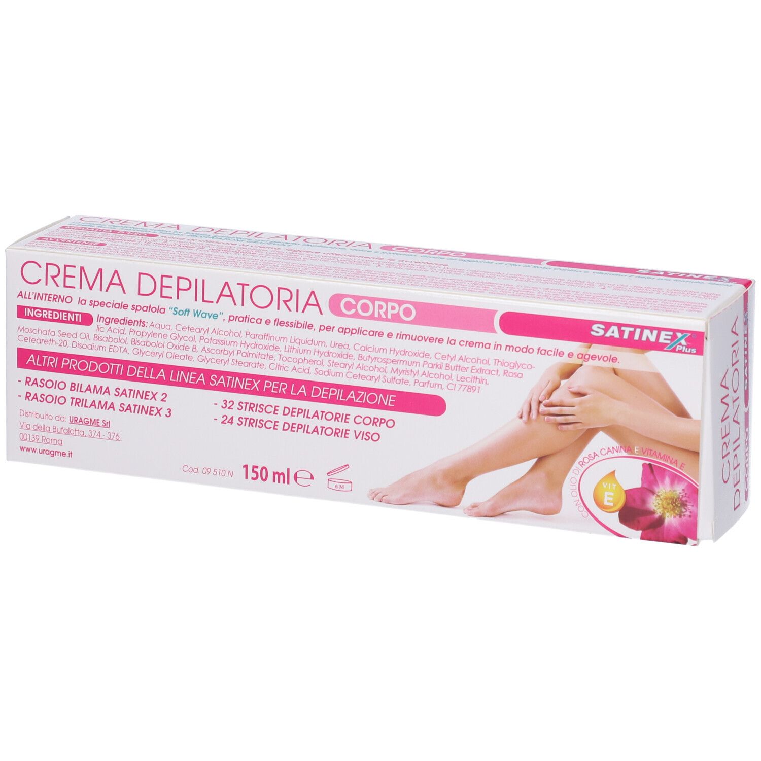 Confezione di Satinex Crema Depilatoria. Scatola rosa e bianca con nome e logo del prodotto. Ingredienti e altri prodotti elencati.