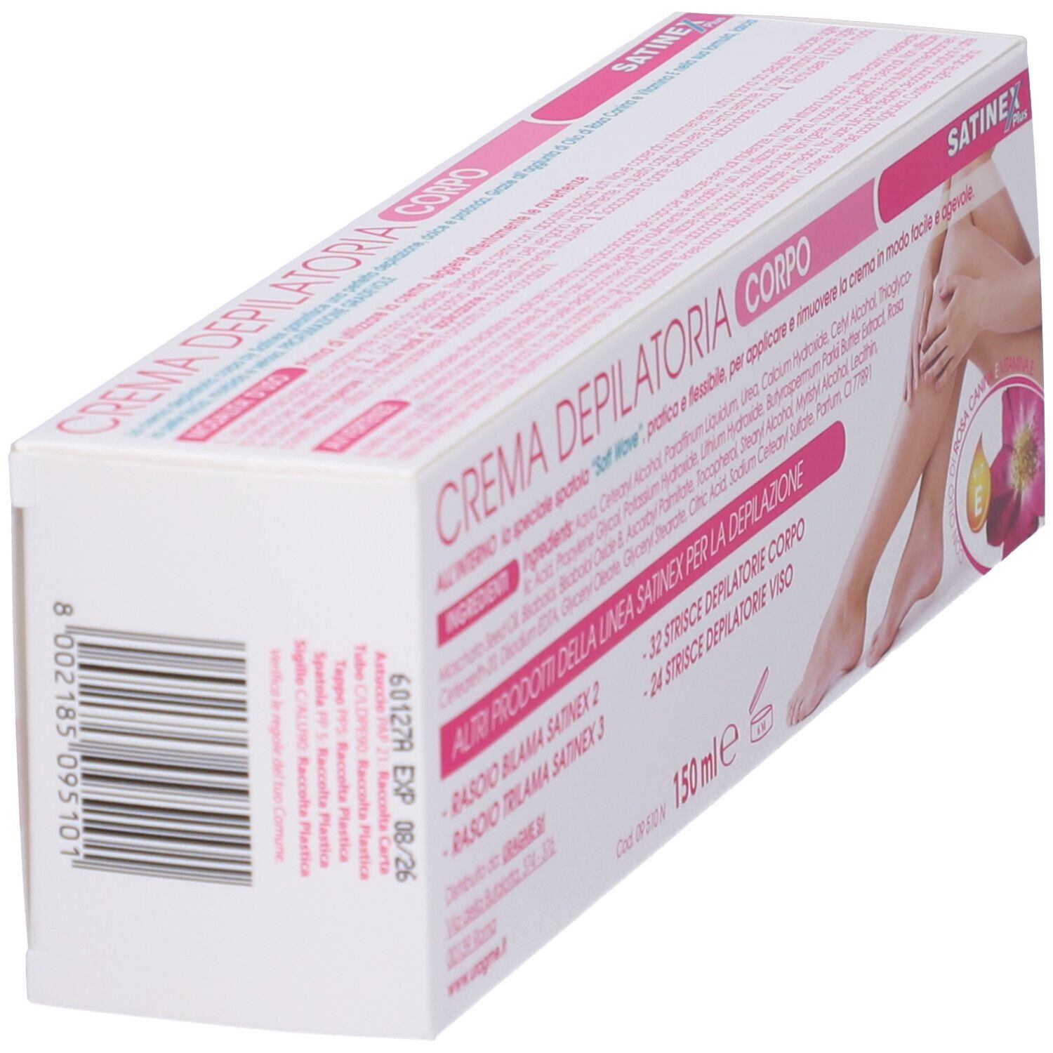 Scatola di Satinex Crema Depilatoria. Confezione rosa e bianca con nome e logo del prodotto. Ingredienti e data di scadenza visibili.