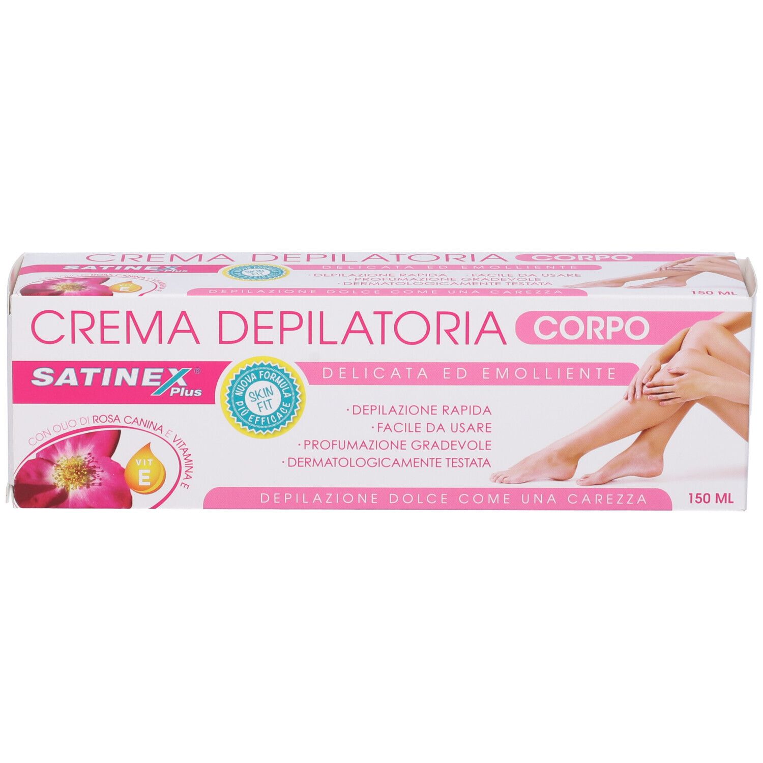 Confezione di Satinex Crema Depilatoria. Scatola rosa e bianca con nome e logo del prodotto. Illustrazione di donna con gambe lisce.