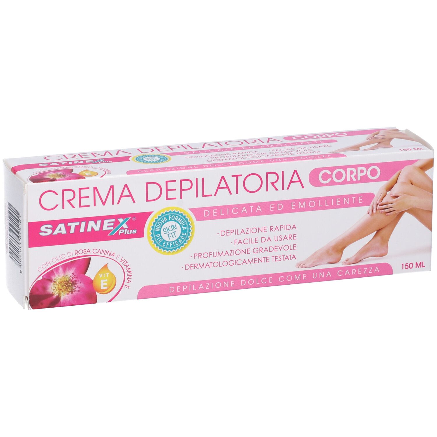 Confezione di Satinex Crema Depilatoria. Scatola rosa e bianca con nome e logo del prodotto. Illustrazione di donna con gambe lisce.