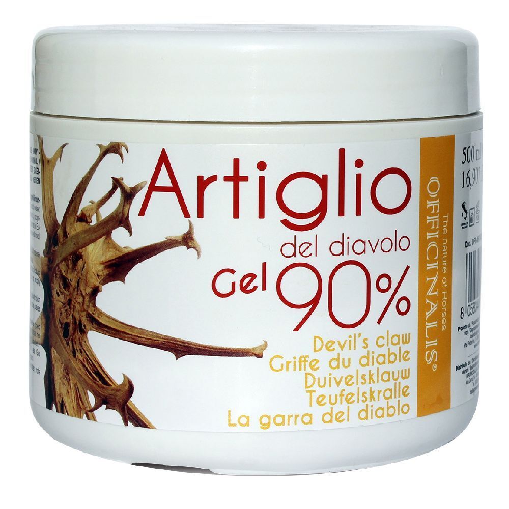 Vaso bianco con scritta Artiglio del diavolo Gel 90%. Illustrazione di un artiglio del diavolo.