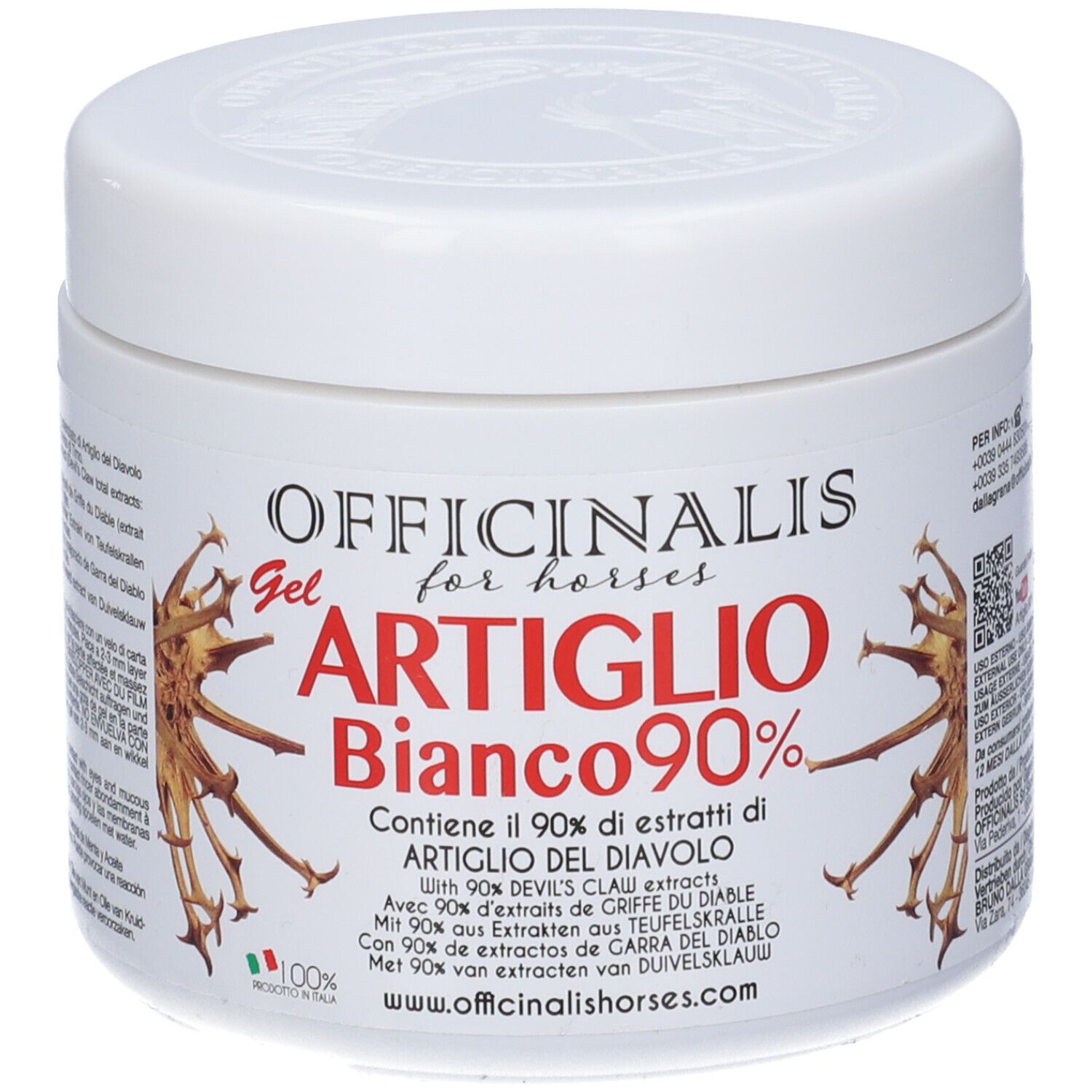 Vaso bianco con scritta OFFICINALIS Gel for horses Artiglio Bianco 90%.