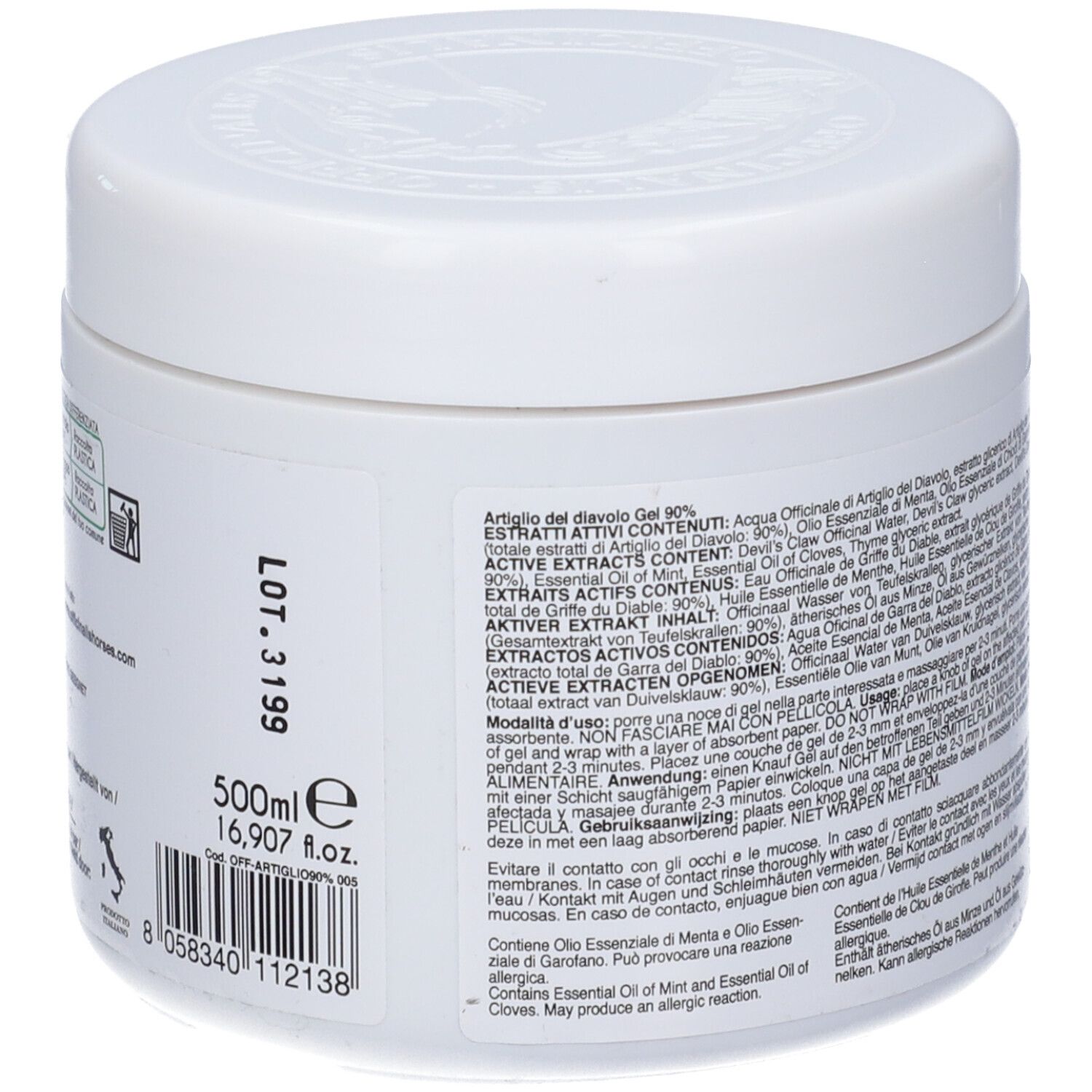 Vaso bianco con testo. Contiene il 90% di estratti di Artiglio del diavolo. Con 90% di artiglio del diavolo.