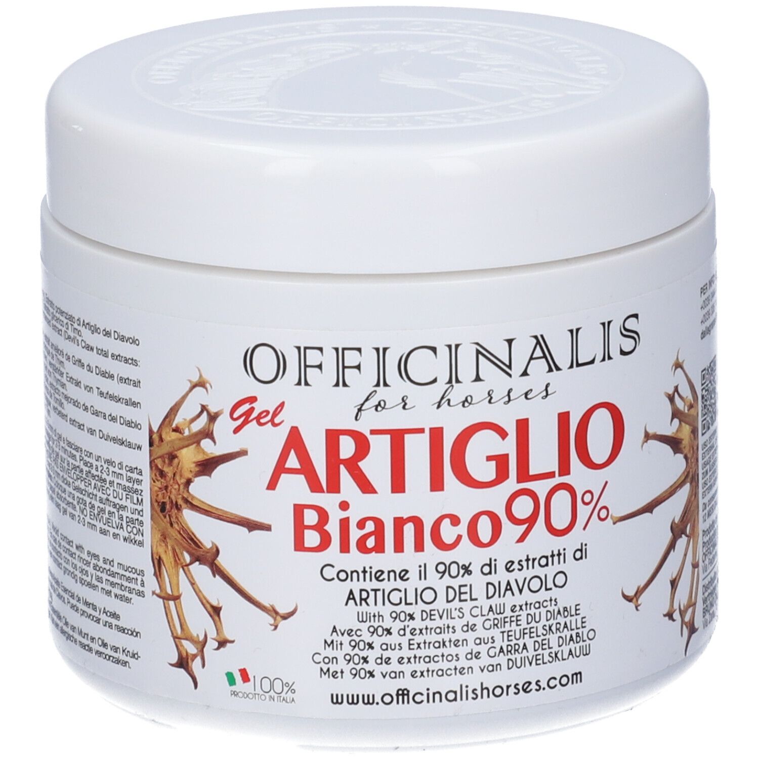 Vaso bianco con scritta OFFICINALIS Gel for horses Artiglio Bianco 90%.