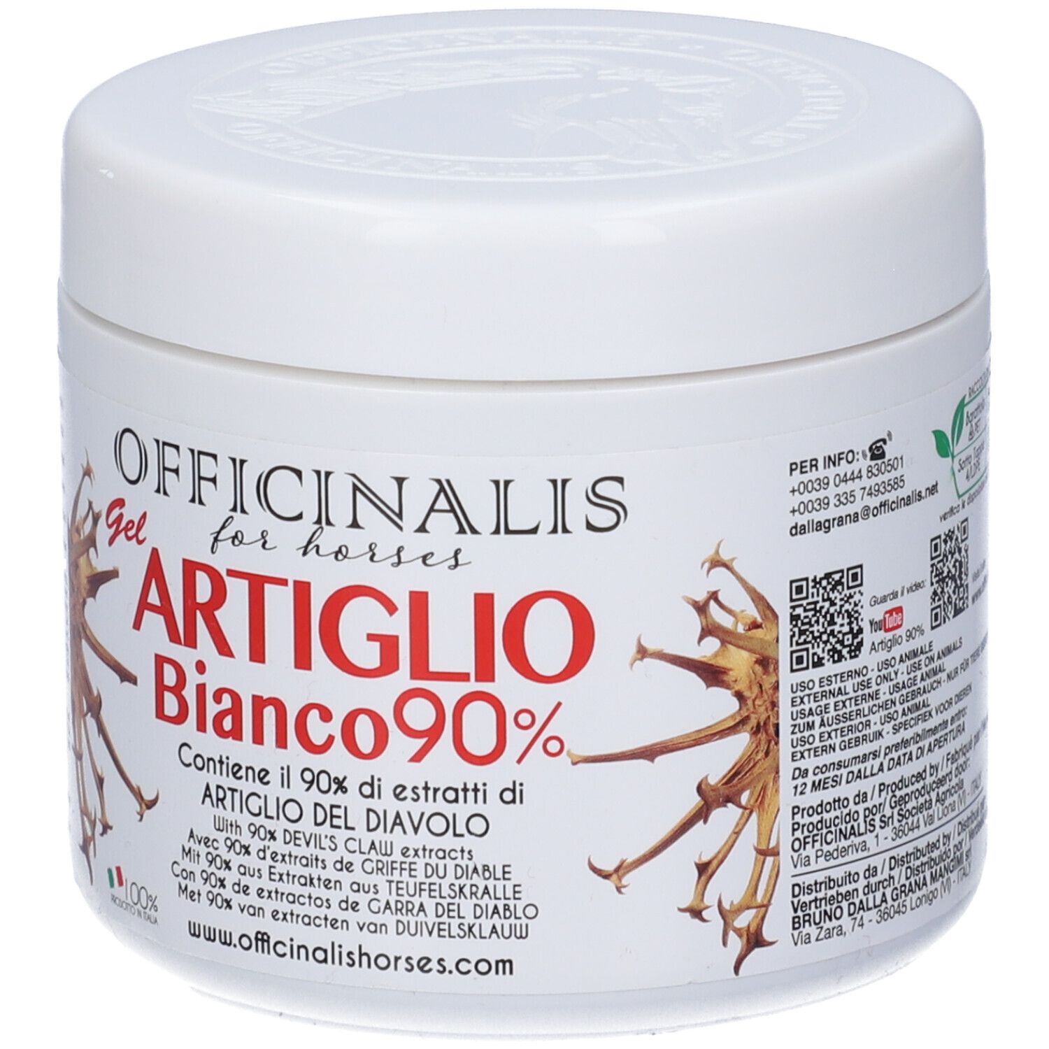 Vaso bianco con scritta OFFICINALIS Gel for horses Artiglio Bianco 90%.