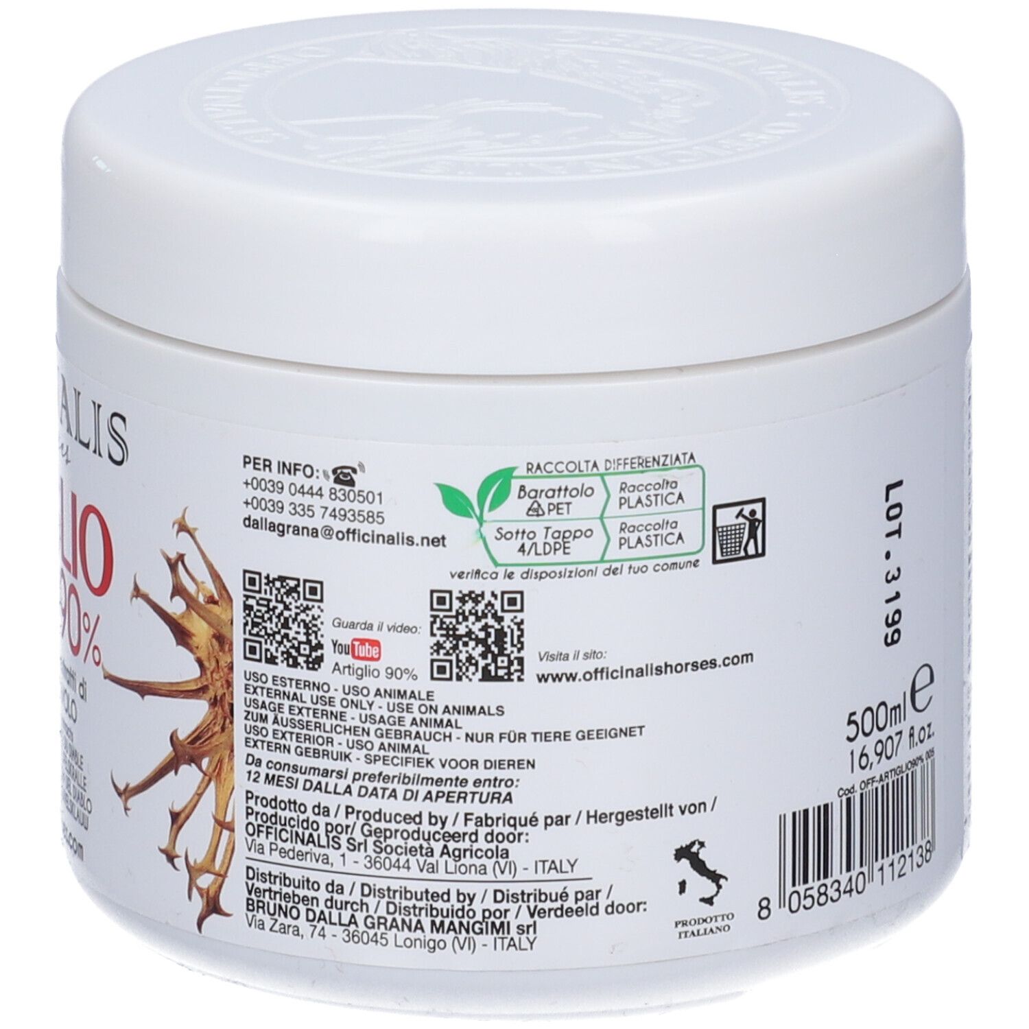 Vaso bianco con testo e QR code. Contiene 500ml. OFFICINALIS Gel for horses Artiglio Bianco 90%.