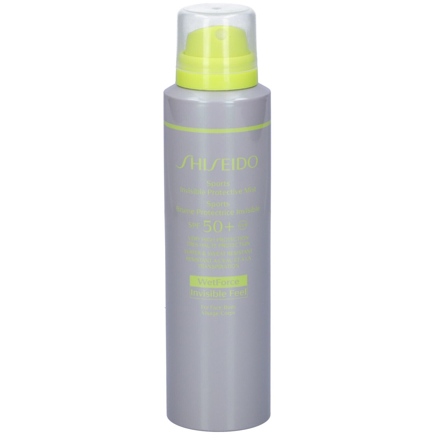 Flacone spray grigio con tappo verde neon. Scritta: SHISEIDO, Sports Invisible Protective Mist SPF 50+. WetForce Invisible Feel.