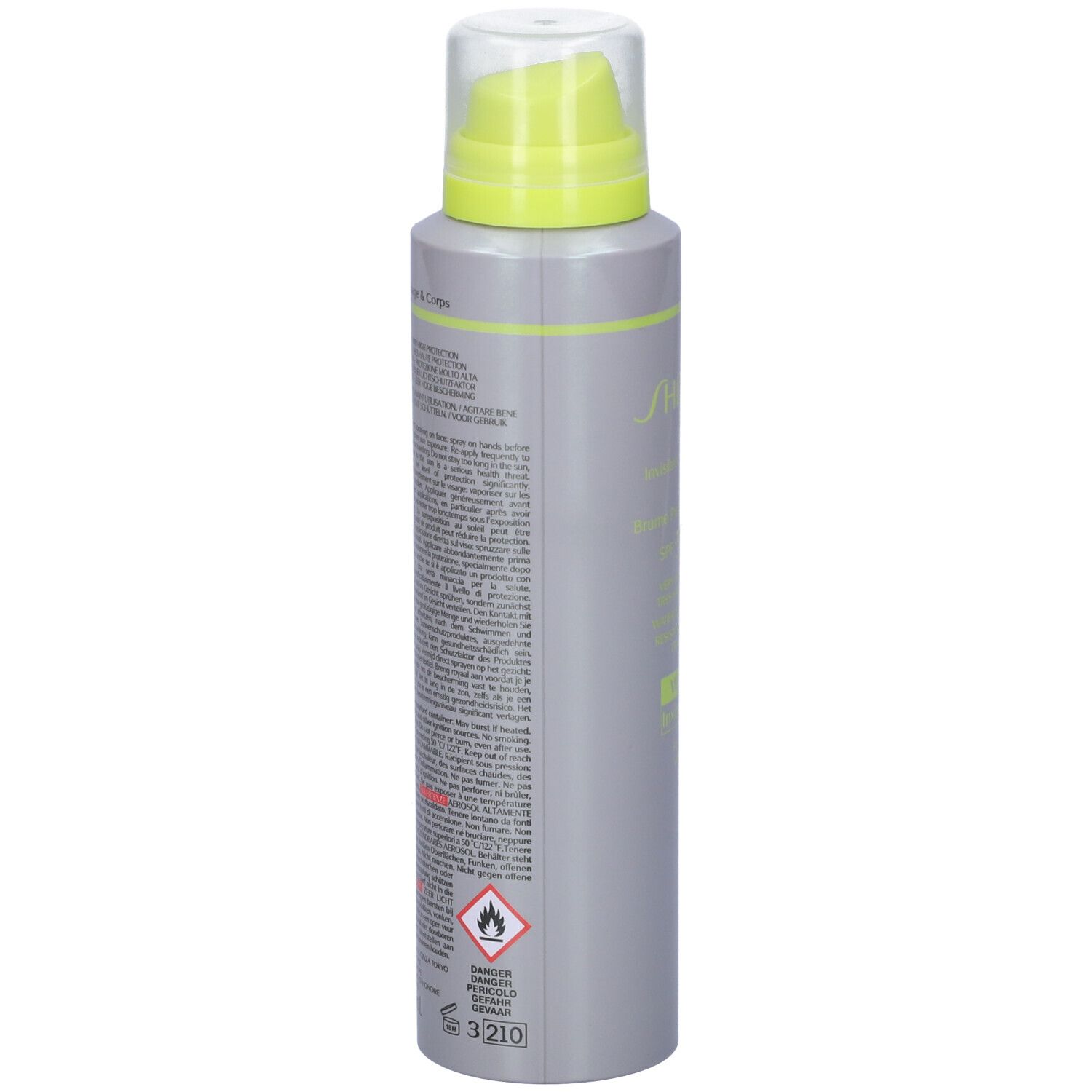 Flacone spray grigio, retro con testo. Scritta: Pericolo, facilmente infiammabile. Volume: 150ml. Con simboli di avvertimento.